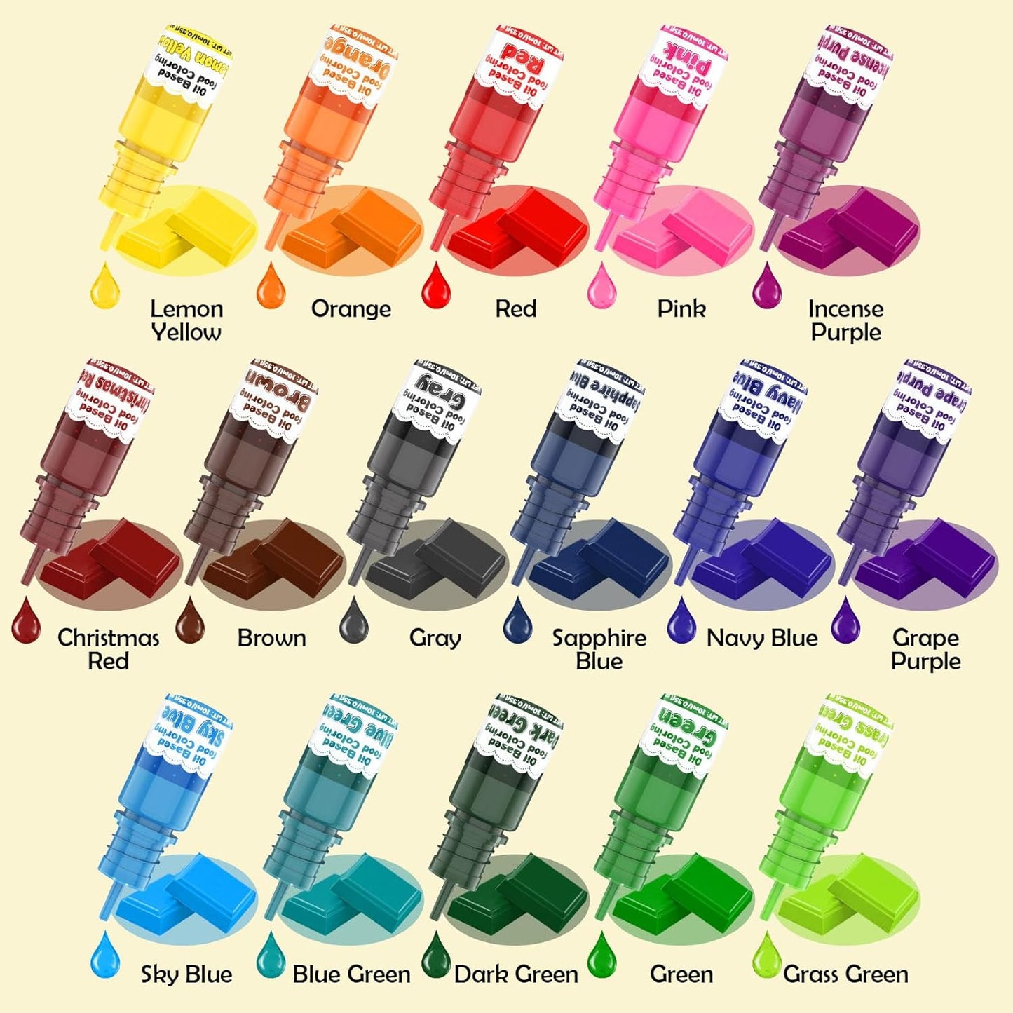 Oil Based Food Coloring for Chocolate - 16 Colors Concentrated Oil Food Dye, Food Grade Dye Set for Melting Chocolate, Candy Melts, Icing Frosting, Fondant, Cake Decorating, Baking, Cookies - 0.35 Fl.Oz/Bottles
