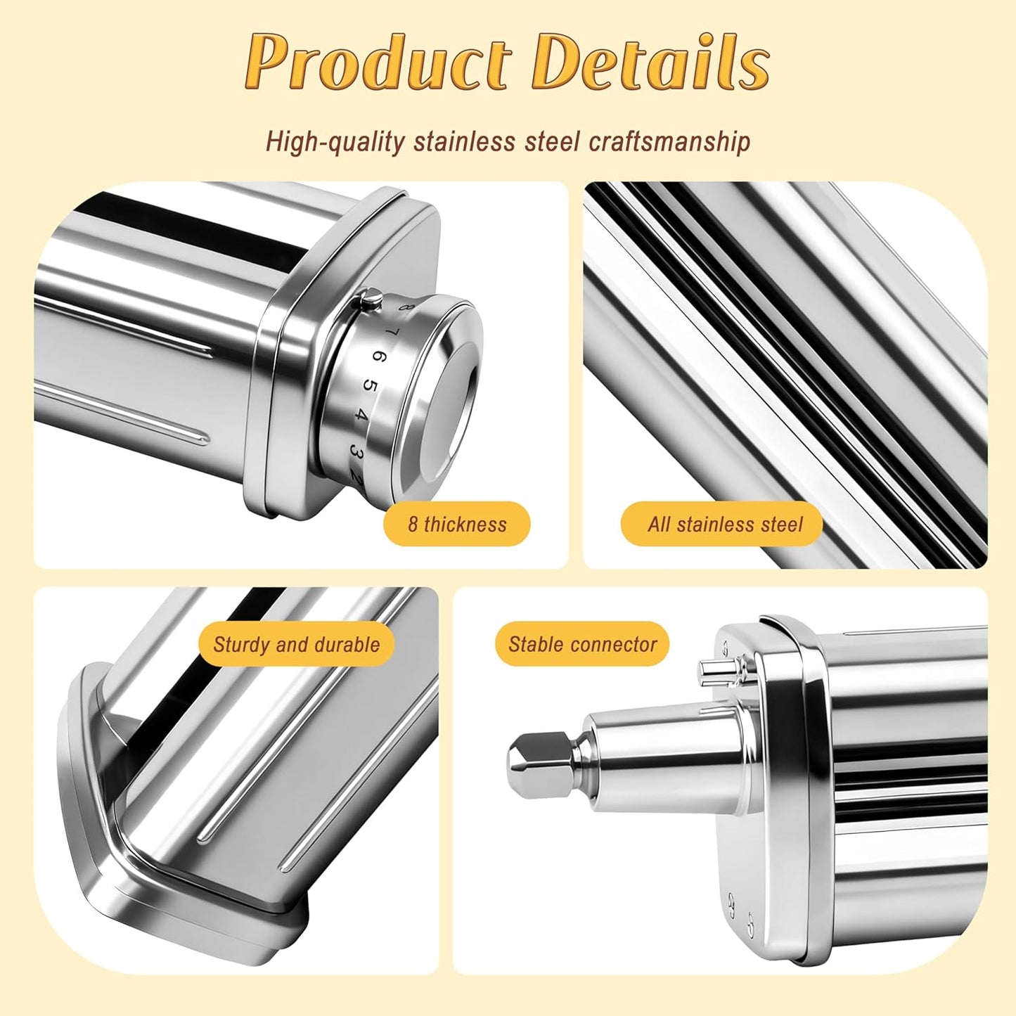Pasta Roller Attachment for KitchenAid Stand Mixer, Stainless steel Pasta Roller Attachment with 8 Adjustable thickness knob, Stainless Steel Pasta Maker accessory Machine