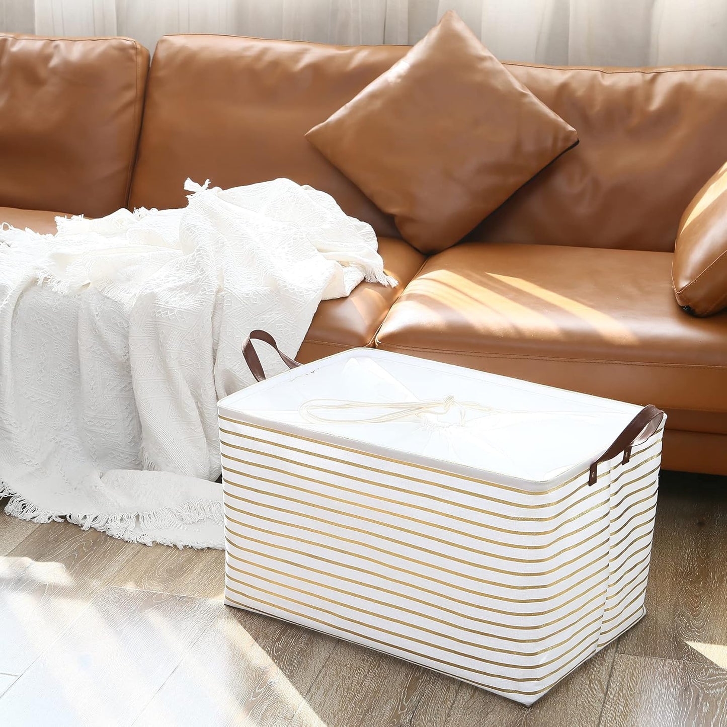 Hinwo 70L Extra Large Storage Bins, 4-Pack Closet Organizers and Storage, Foldable Clothes Storage Baskets with Handles, Containers for Clothing, Blanket, Comforters, Toys, Bedding (Gold Stripe)