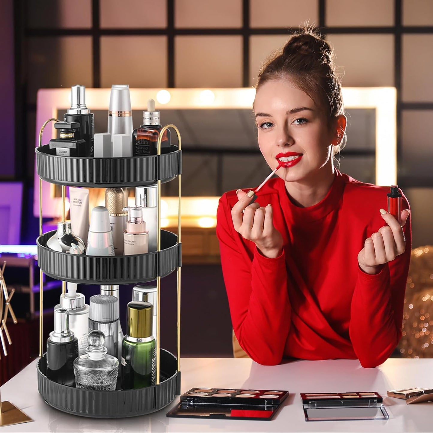 Aveniee 360 Rotating Makeup Organizer for Vanity, Large Spinning Bathroom Counter Organizer Shelf Holder for Cosmetics, Skin Care, Lipsticks,3 Tiers, Black