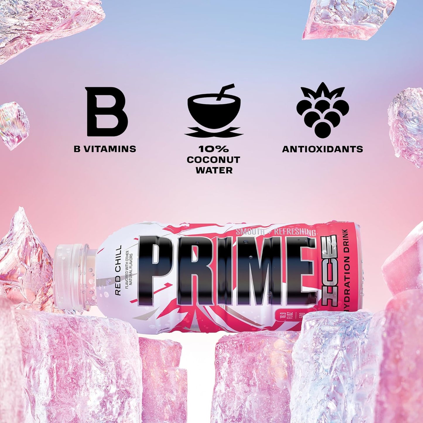 PRIME Hydration ICE RED CHILL, Sports Drinks, Electrolyte Enhanced for Ultimate Hydration, 250mg BCAAs, B Vitamins, Antioxidants, Low Sugar, 16.9 Fl Oz, 12 Pack