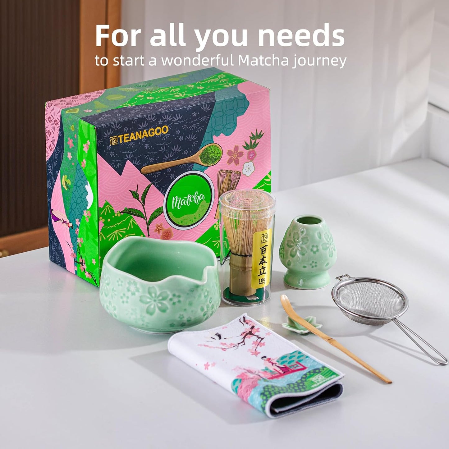 TEANAGOO Matcha Whisk Set,7 Pcs Matcha Set Blue Green,Ceremony Matcha Kit,Matcha Tea Set for Making Latte,Ceramic Bowl(chawan) whith Spout and Whisk,Gift for Matcha Lovers