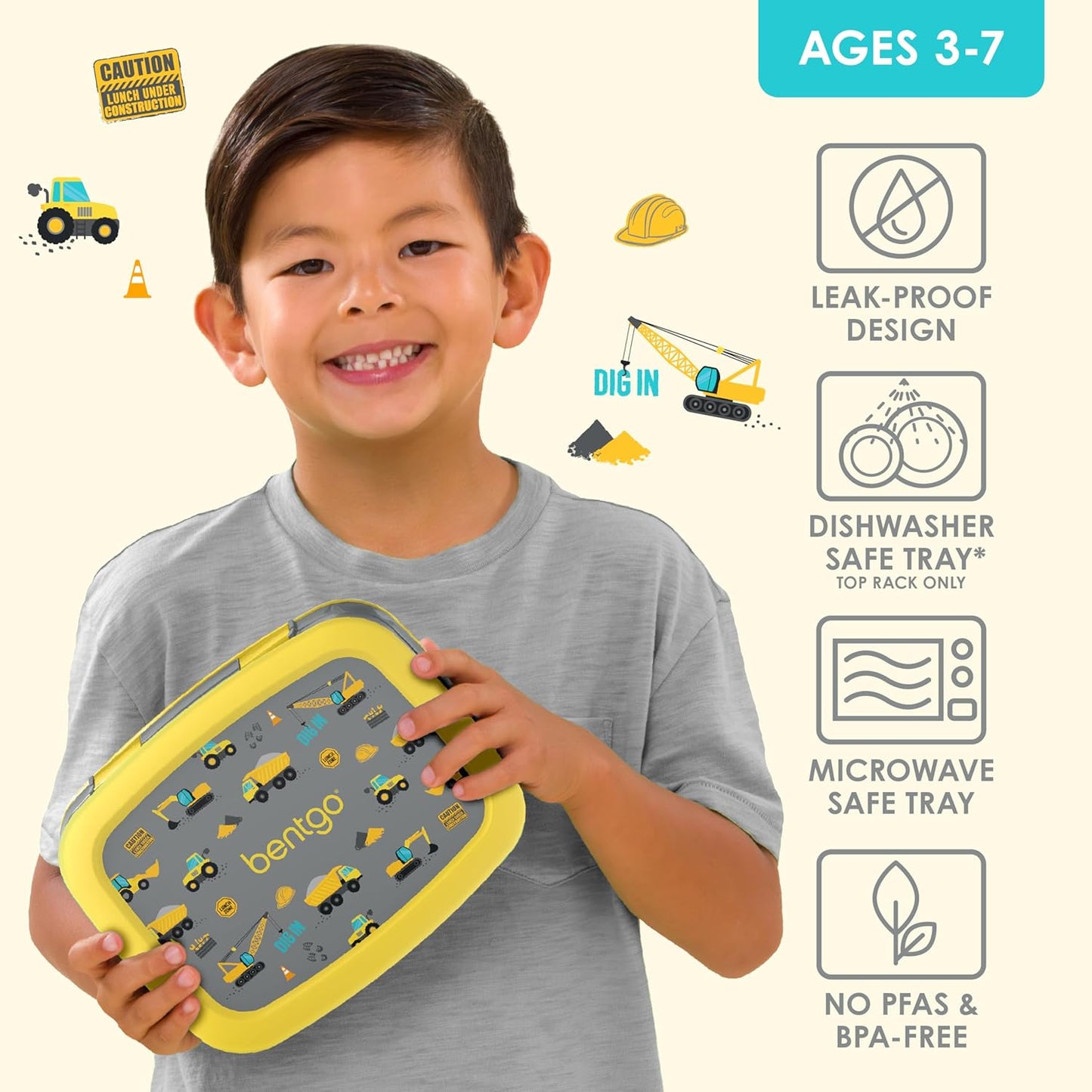 Bentgo Kids Prints Leak-Proof, 5-Compartment Bento-Style Kids Lunch Box - Ideal Portion Sizes for Ages 3-7, Durable, Drop-Proof, Dishwasher Safe, & PFAS & BPA-Free Materials (Construction Trucks)