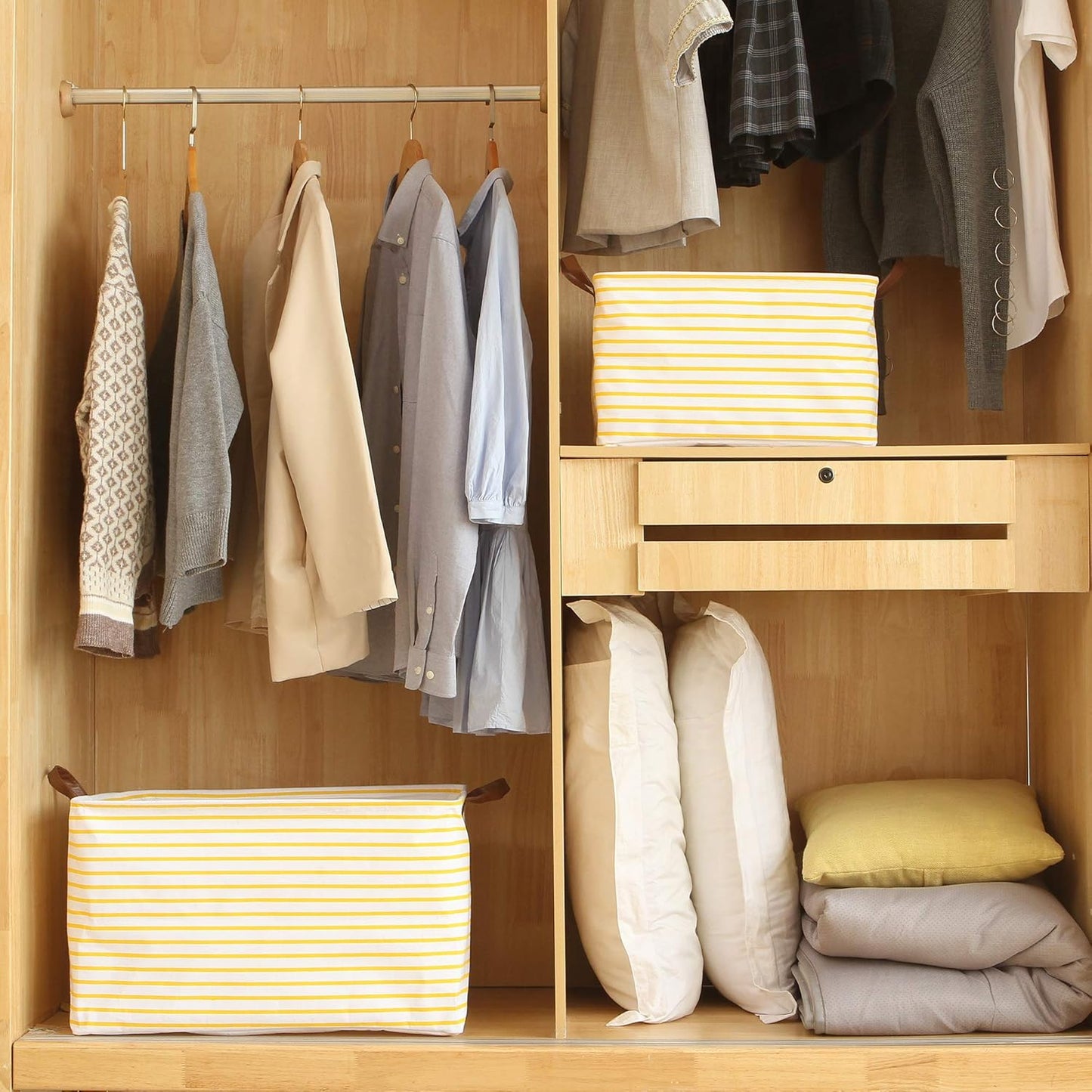 Hinwo 31L Large Storage Bins, Closet Organizers and Storage, Shelf Baskets, Foldable Clothes Storage Baskets with Handles, Containers for Clothing, Blanket, Towels, Toys, Bedding (Yellow Stripe)