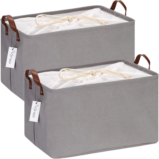 Hinwo 31L Large Storage Bins, 2-Pack Closet Organizers and Storage, Foldable Clothes Storage Baskets with Handles, Containers for Clothing, Blanket, Towels, Toys, Bedding (Gray)