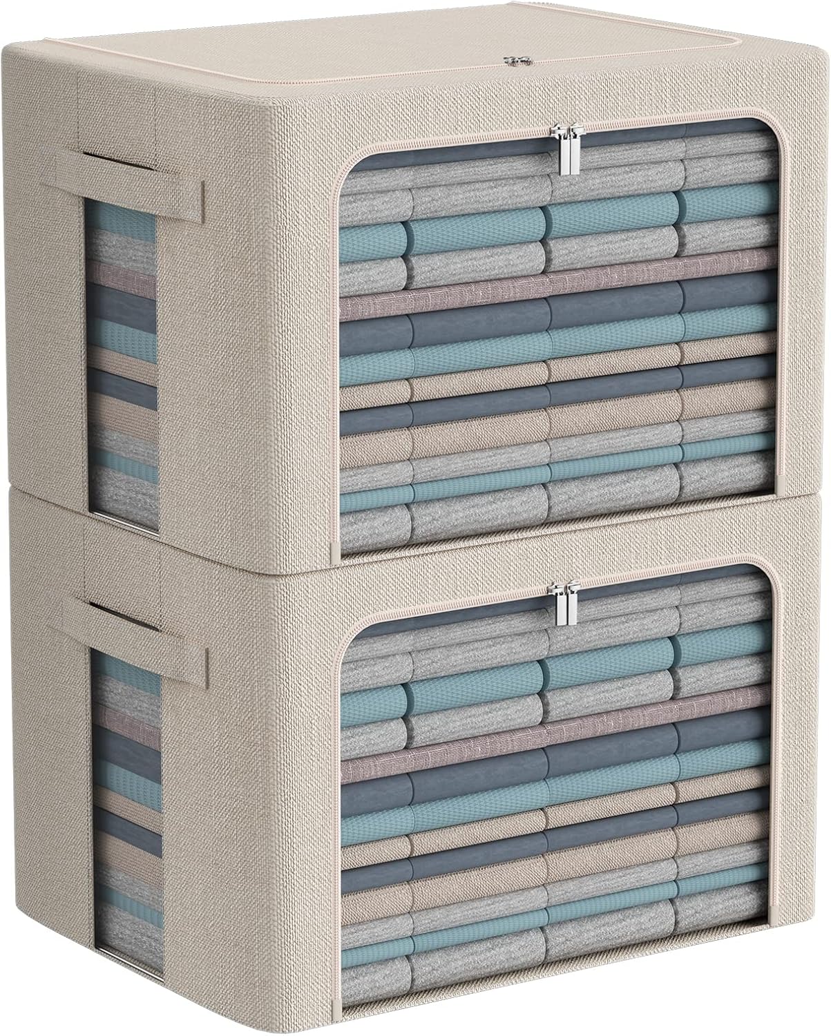 Clothes Storage Bins Box - Linen Fabric Foldable Stackable Container Organizer Set with Clear Window & Carry Handles & Metal Frame - 2Pack Large Capacity for Bedding, Blankets, Books