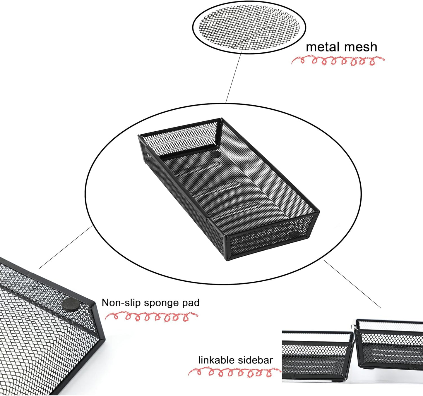 ihomecooker Mesh Tray Silverware Drawer Organizer, Utensil Cutlery Tray Office Supplies with Interlocking Arm Drawer Dividers Organizer for Flatware, Knives,Home,Office, School,Bedroom 12X6'' Black