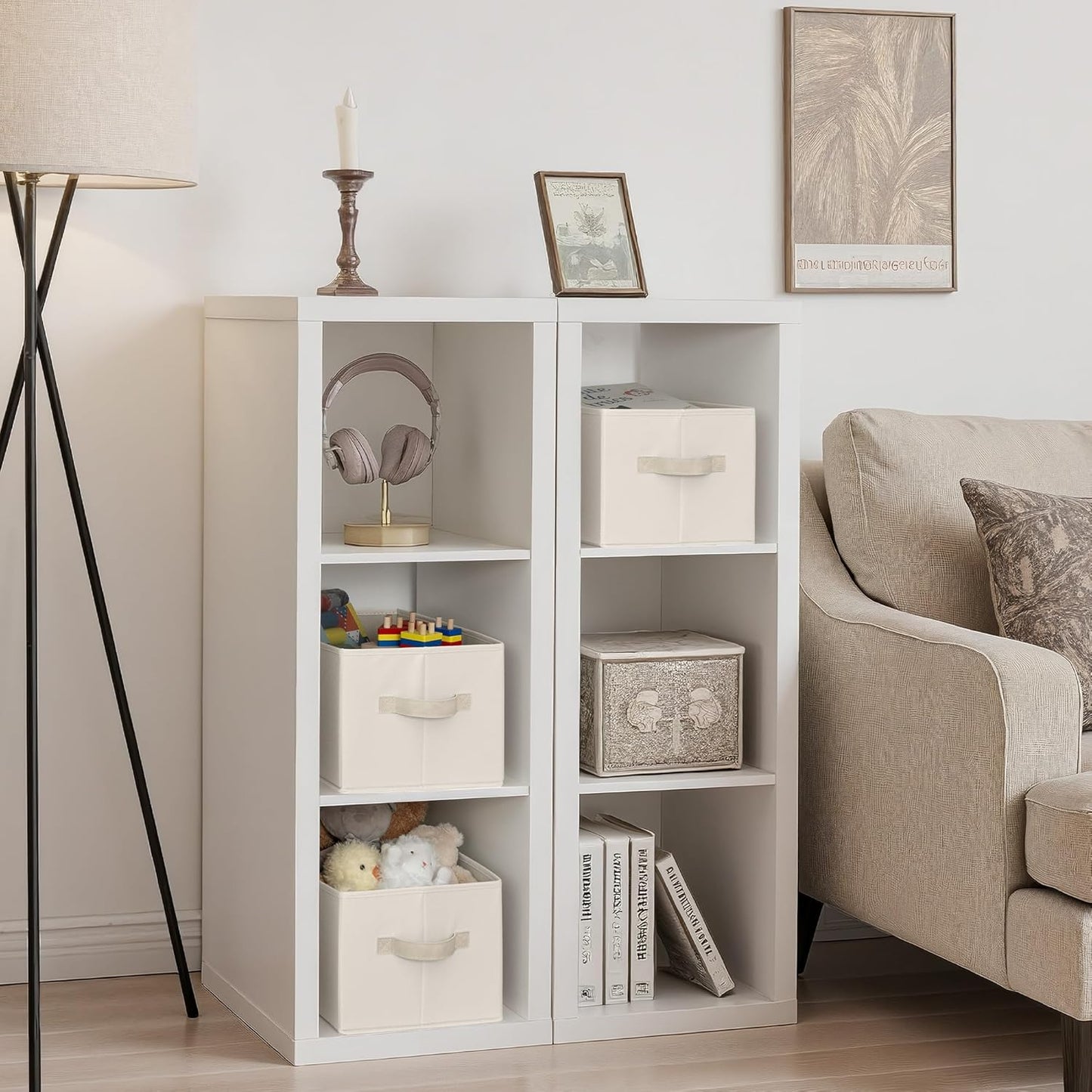 StorageWorks Storage Baskets for Shelves, Foldable Fabric Closet Storage Bins with Handles, Fabric Storage Bins Clothes Organizer, Beige, 3-Pack, Large