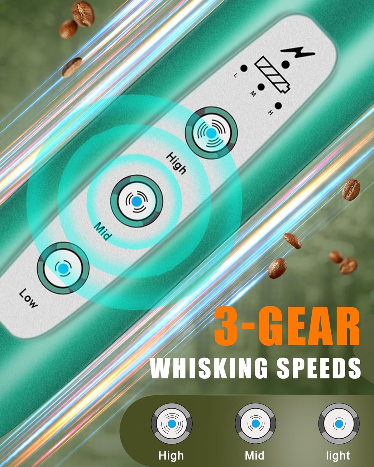 YUSWKO Rechargeable Milk Frother for Coffee, Handheld Drink Mixer with 3 Heads 3 Speeds, Ideal Coffee Frother Wand for Travel - Green