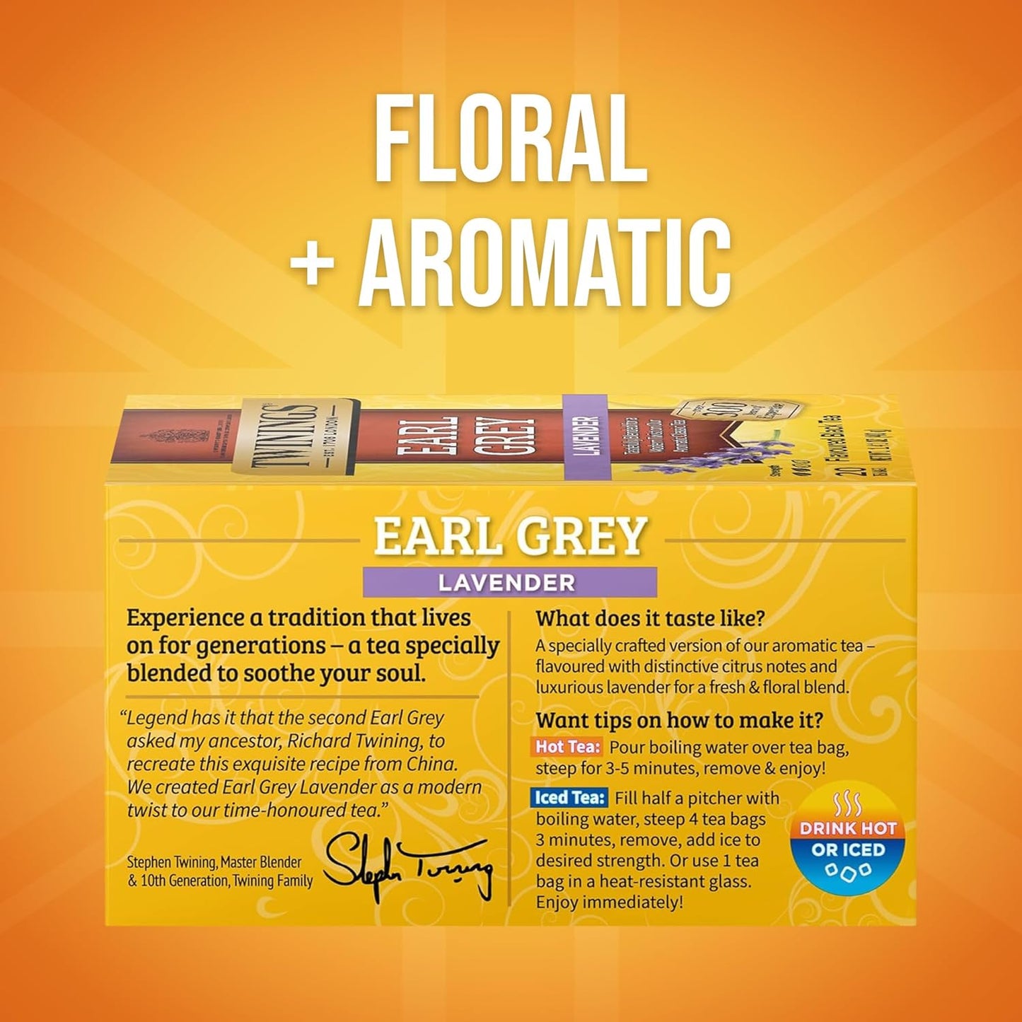 Twinings Earl Grey Lavender Black Tea Individually Wrapped Bags, 20 Count (Pack of 6), Citrus, Bergamot & Floral, Caffeinated, Enjoy Hot or Iced, 120 Teabags