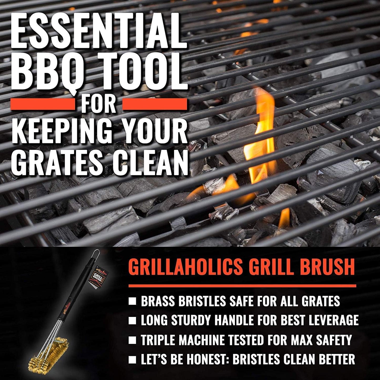Grillaholics Brass Grill Brush – Safe BBQ Brush for Outdoor Cooking – Heavy-Duty Soft Bristle Grill Cleaning Tool for Porcelain & Ceramic Grates