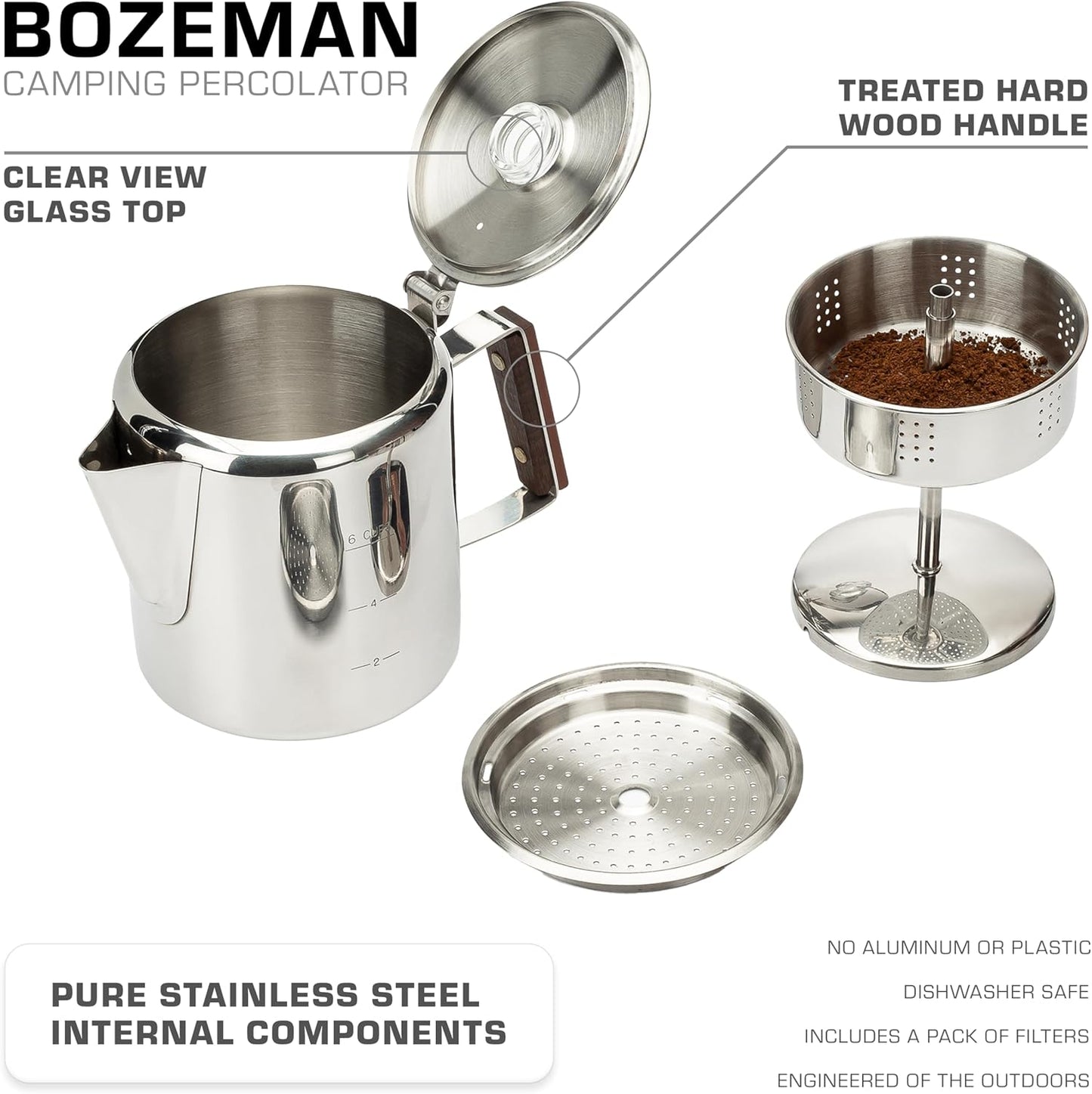 COLETTI Bozeman Percolator Coffee Pot — NO Aluminum or Plastic [6 cup]