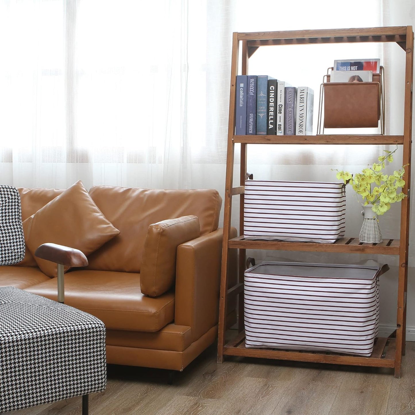 Hinwo 70L Extra Large Storage Bins, Closet Organizers and Storage, Foldable Clothes Storage Baskets with Handles, Containers for Clothing, Blanket, Comforters, Toys, Bedding (Burgundy Stripe)