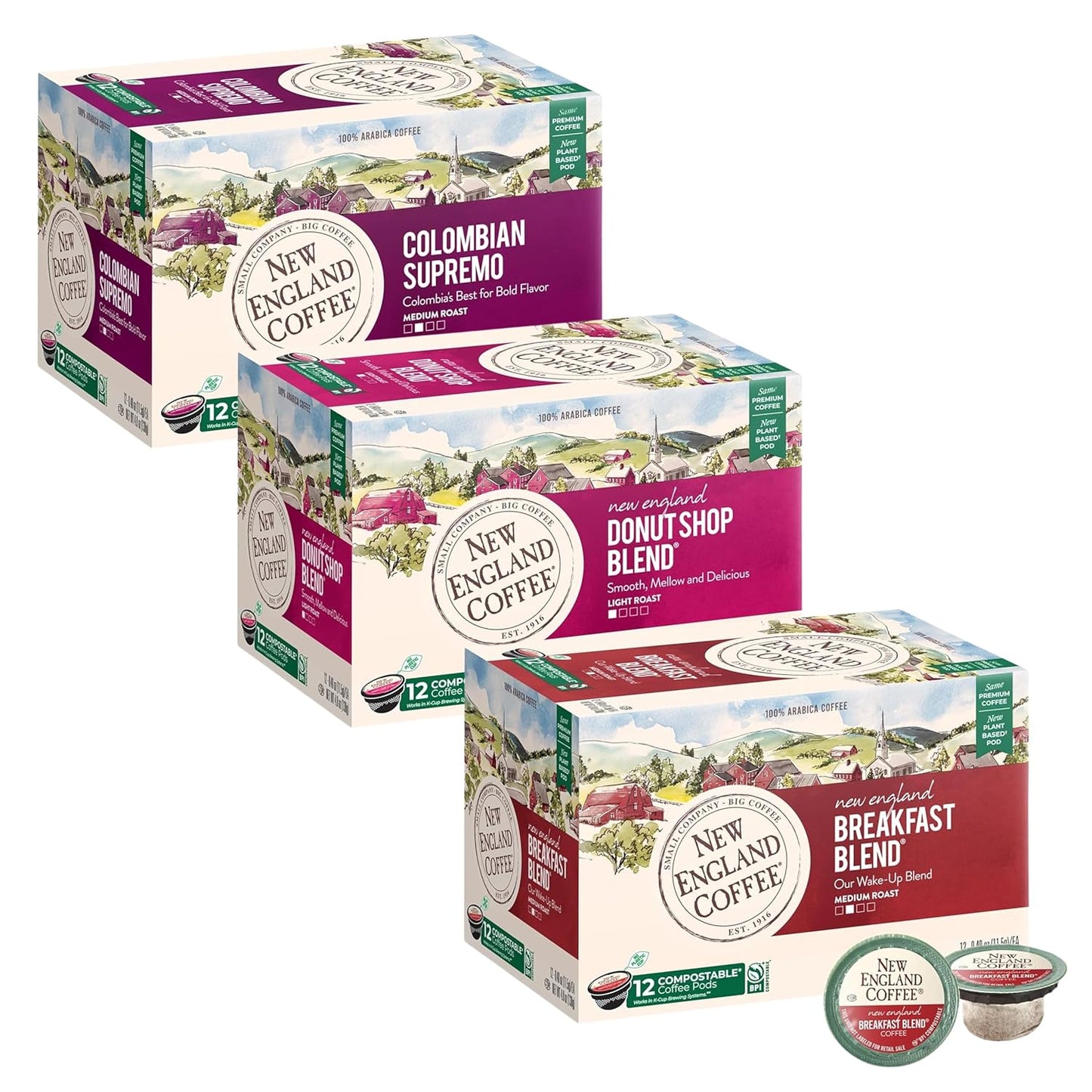 New England Coffee Variety Pack Single Serve Pods - Breakfast Blend/Colombian Supremo/Donut Shop, 12ct Box (Pack of 3)