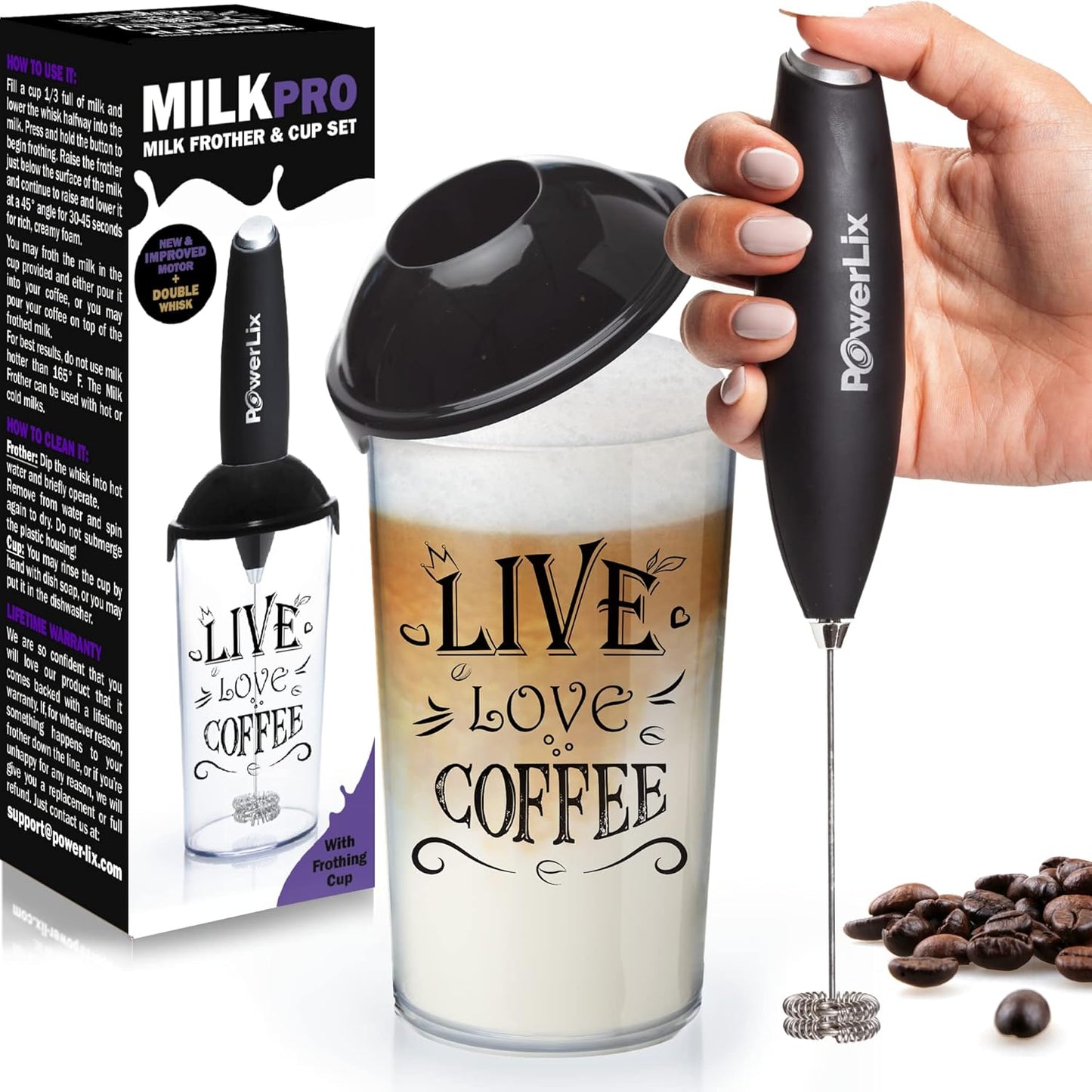 PowerLix Powerful Handheld Milk Frother With Stand Battery Operated Foam Maker Frother Wand For Coffee (A Black) (No Stand Cup Set)