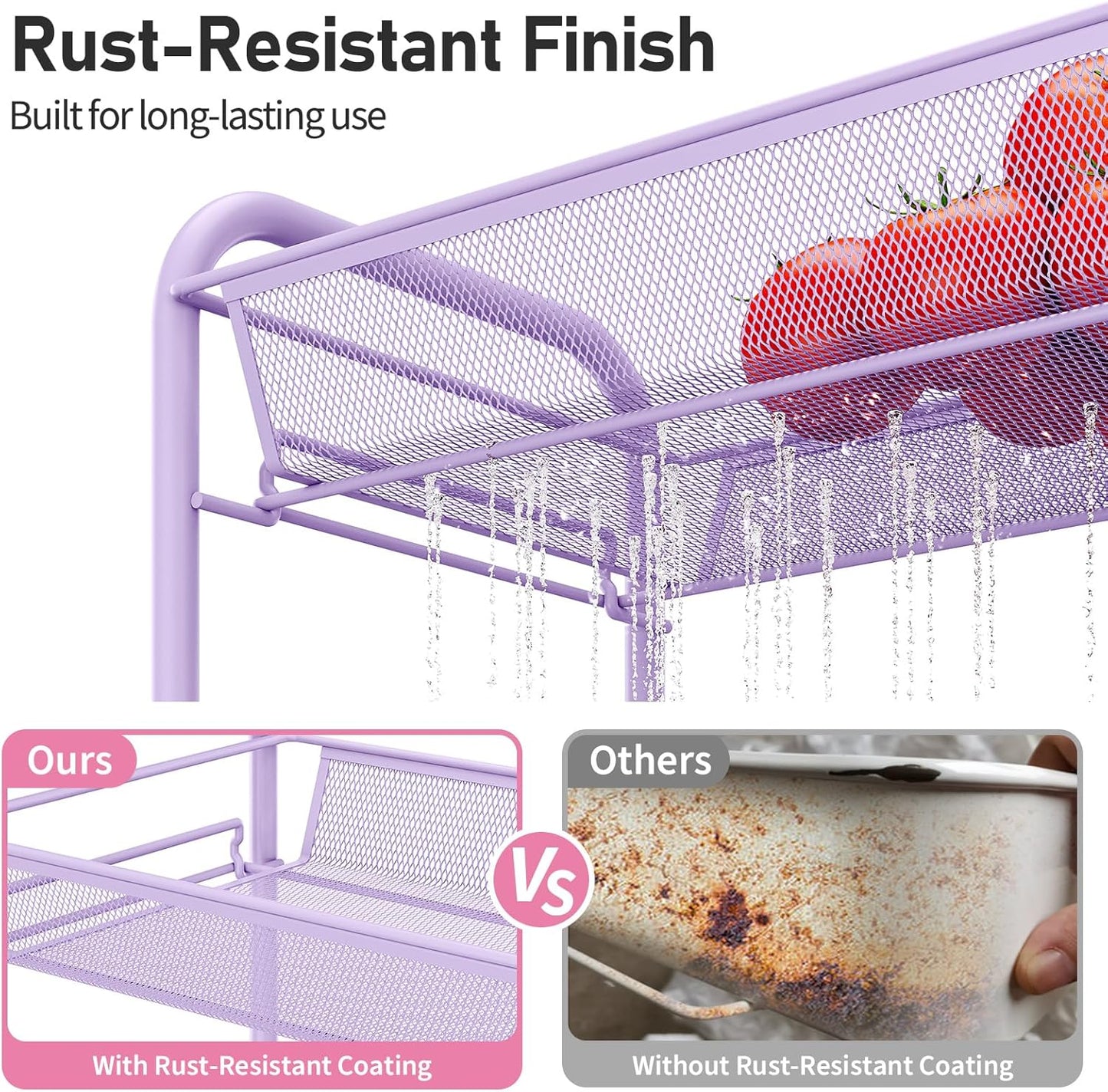 TOOLF 3-Tier Metal Rolling Cart, Mesh Wire Easy Assemble Utility Cart, Storage Trolley on Wheels with 3 Hooks, MetalStorage Shelving Units for Kitchen Bathroom Laundry Room