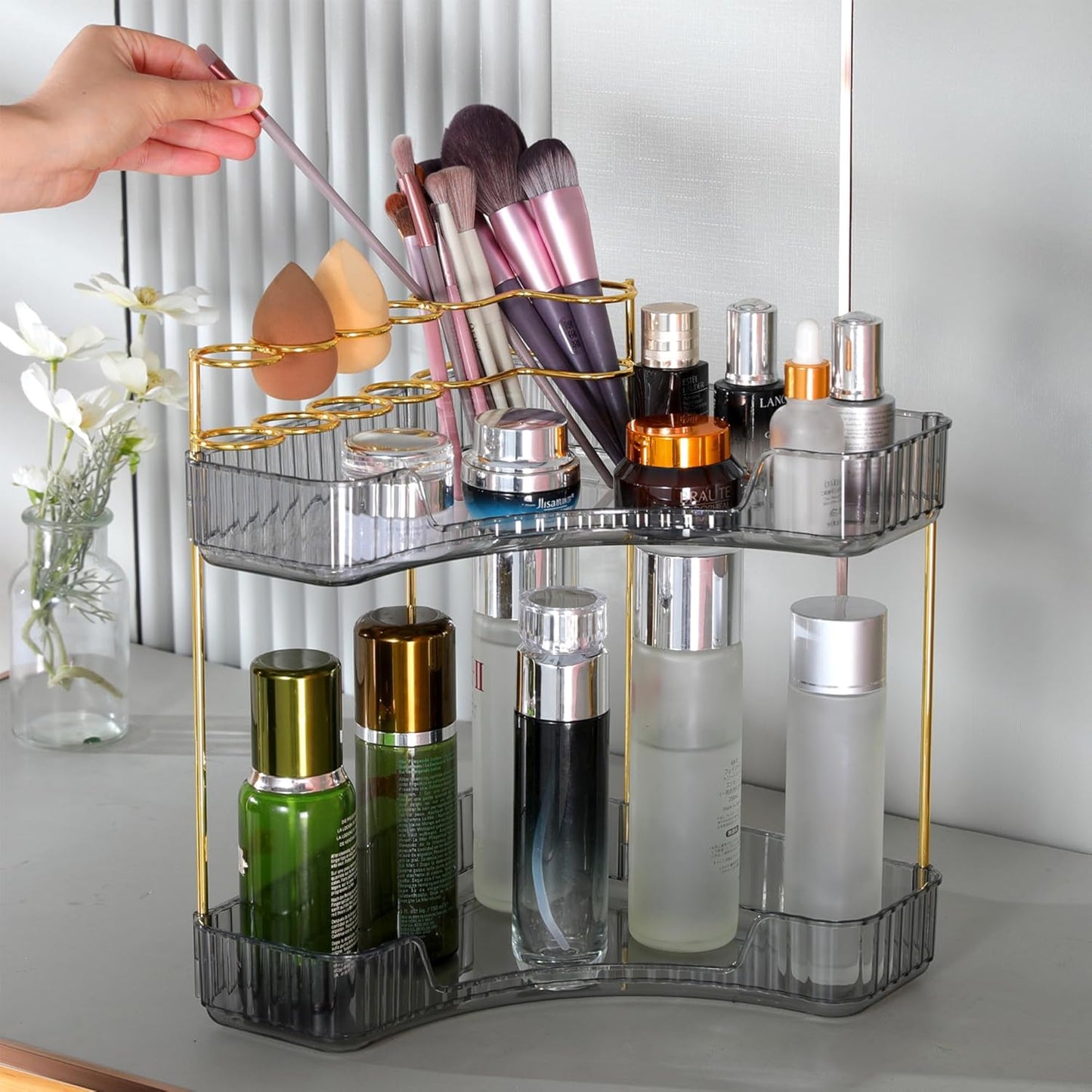 Upgraded 2-Tier Corner Bathroom Countertop Organizer – Spacious Storage for Makeup, Skincare & Perfumes, Built-in Brush Holder Fits Vanity/Dresser/Bsthtub (Slate Gray)
