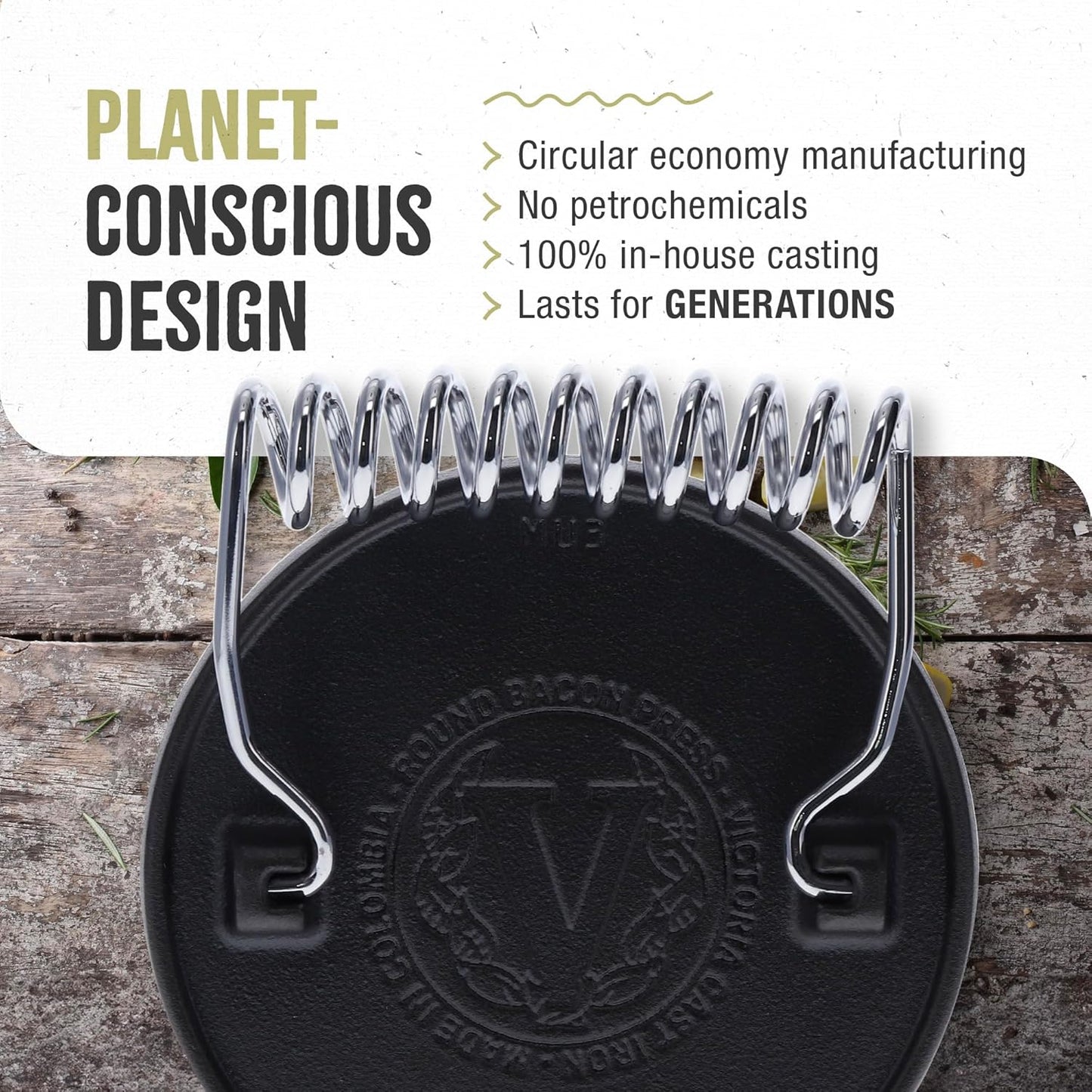 Victoria Round Cast Iron Meat Press with a Wire Handle, Preseasoned with Flaxseed Oil, Made in Colombia