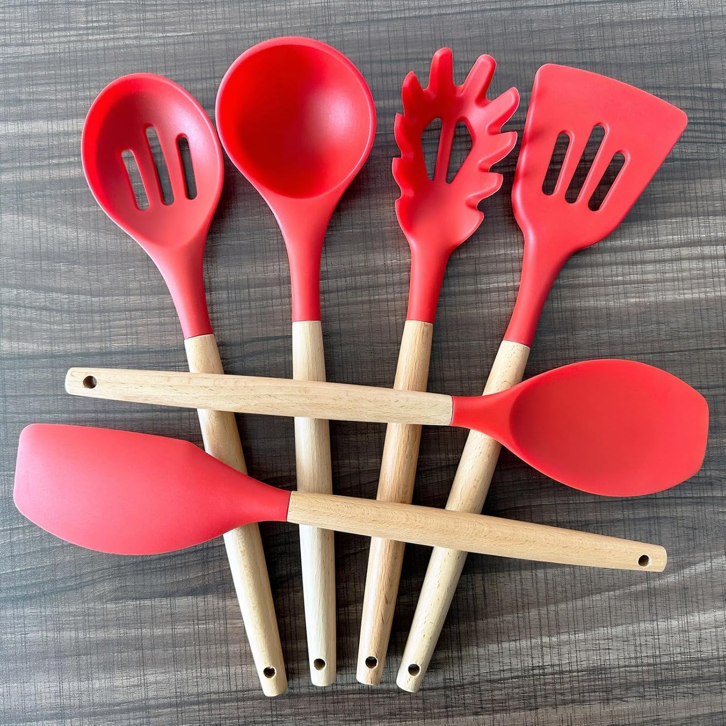 Kitchen Cooking Utensils Set 6Pcs Heat Resistant Silicone Kitchen Utensils Spatula Spoon Turner Ladle w Wooden Handle, BPA FREE Silicone Cooking Tool Gadget Set for Nonstick Cookware & Baking