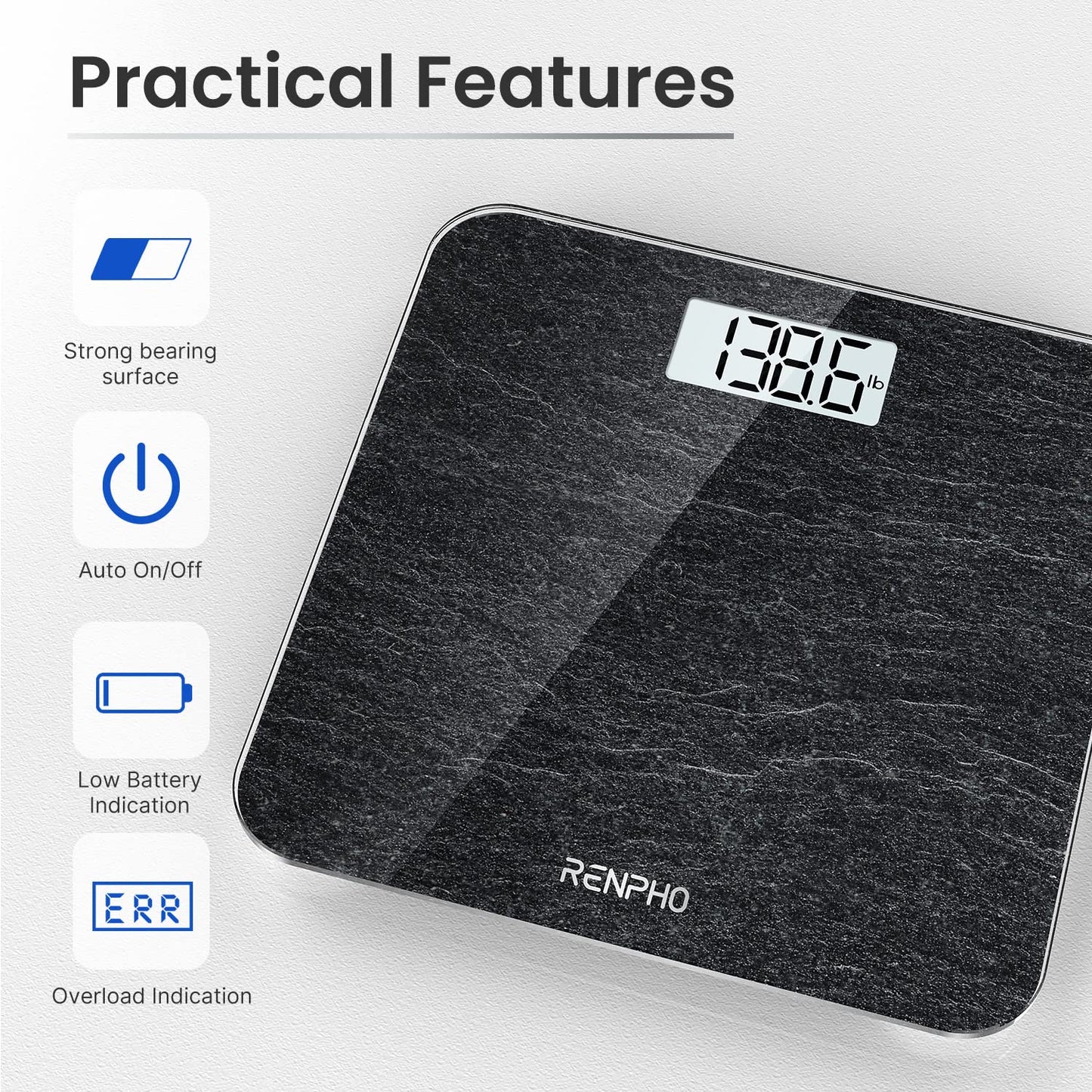 RENPHO Digital Bathroom Scale, Highly Accurate Body Weight Scale with Lighted LED Display, Round Corner Design, 400 lb, Core 1S, Marble