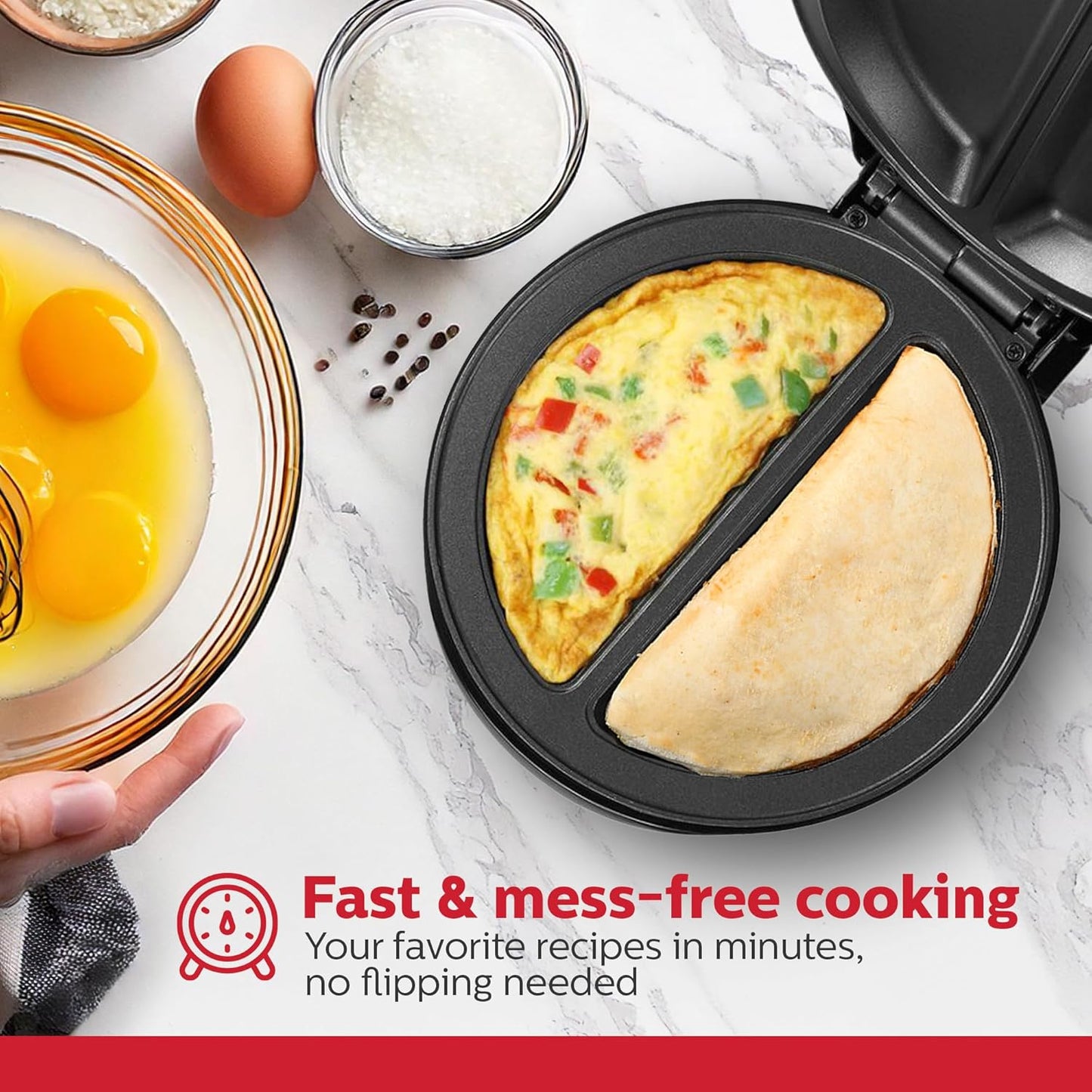 Holstein Housewares Stainless Steel 2 Section Omelet & Frittata Maker, Non Stick Coating, Easy To Clean, Indicator Lights, Compact Storage, Prepare Versatile Recipes in Minutes. 2 Portions, Black
