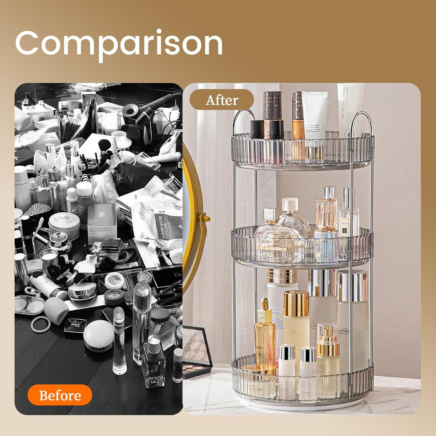 Aveniee Rotating Makeup Organizer for Vanity, 3 Tier Perfume Skincare Organizers and Storage for Bathroom Countertop, Clear Spinning Counter Cosmetic Holder for Dresser,Grey