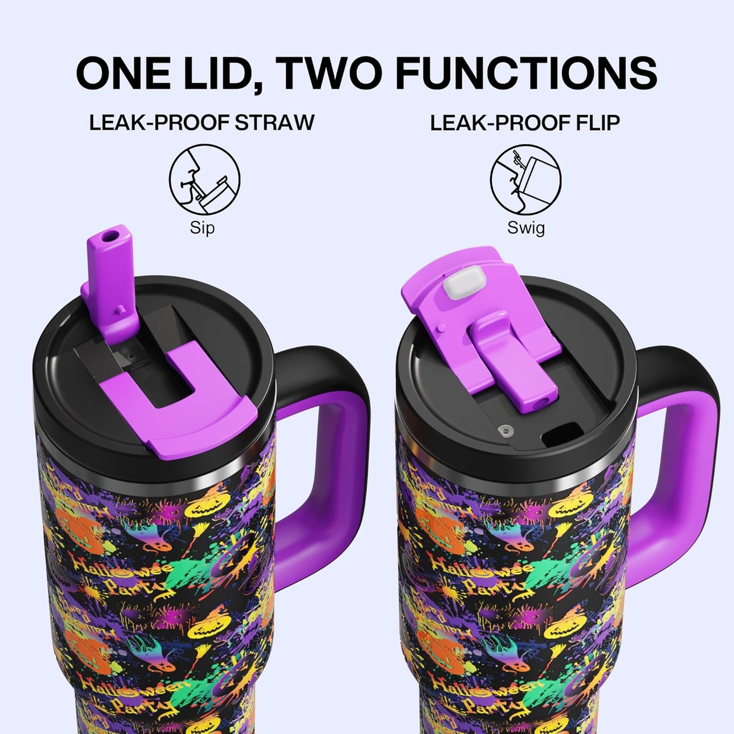 ENCOOL 40 oz Tumbler with Handle and Straw: Stainless Steel Insulated Tumbler Keeps Cold for 24 Hours, Leakproof Travel Cup Fits in Cup Holder and BPA-Free, Meowgic Night