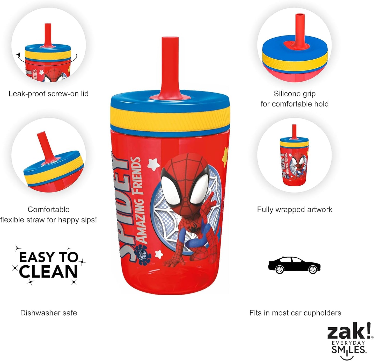 Zak Designs Spidey & His Amazing Friends Kelso Tumbler Set, Leak-Proof Screw-On Lid with Straw, Bundle for Kids Includes Plastic & Stainless Steel Cups with Bonus Sipper, 3pc, Non-BPA (Pack of 12)