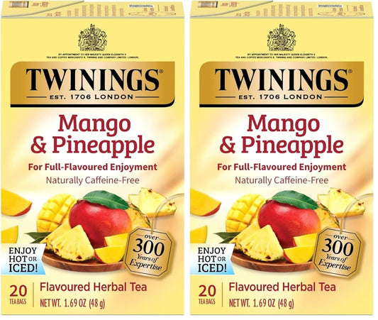 Twinings Mango & Pineapple Herbal Tea Individually Wrapped Bags, 20 Count (Pack of 2), Naturally Caffeine-Free, Enjoy Hot or Iced, 20 Teabags