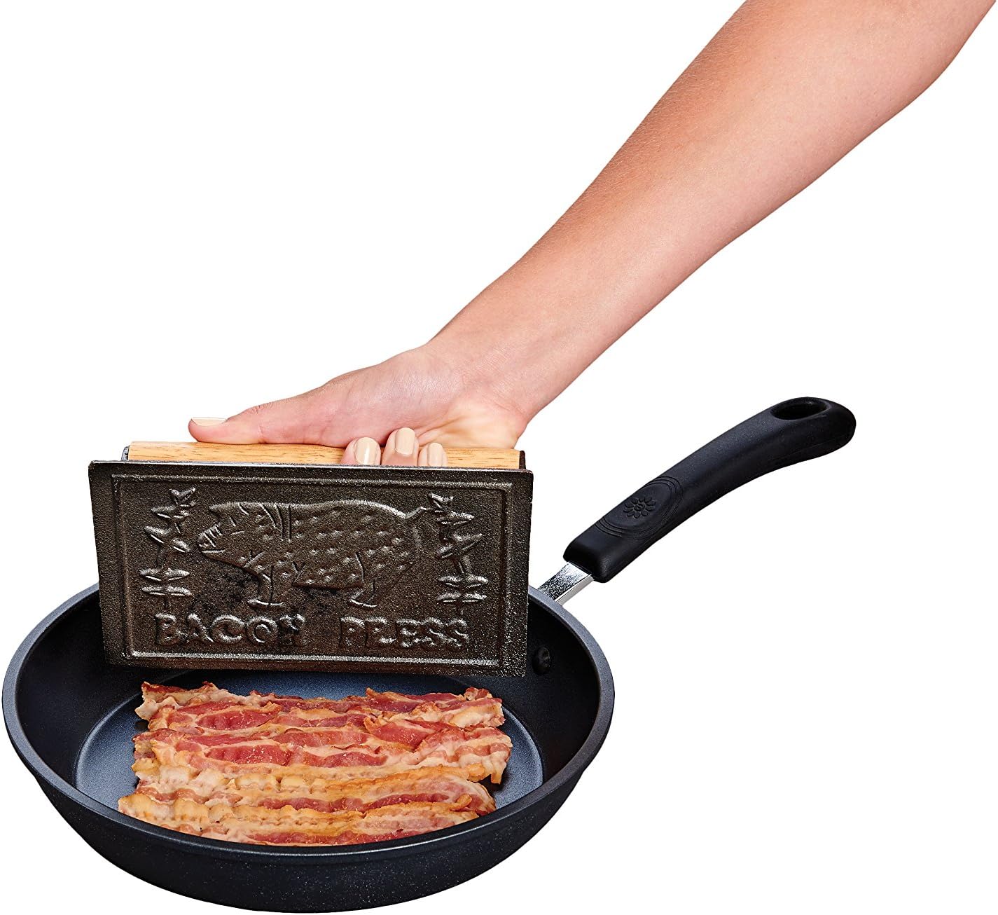 HIC Kitchen Bacon Press, Heavyweight Cast Iron, Rectangular With Wood Handle, For Stovetop Grill And Griddle