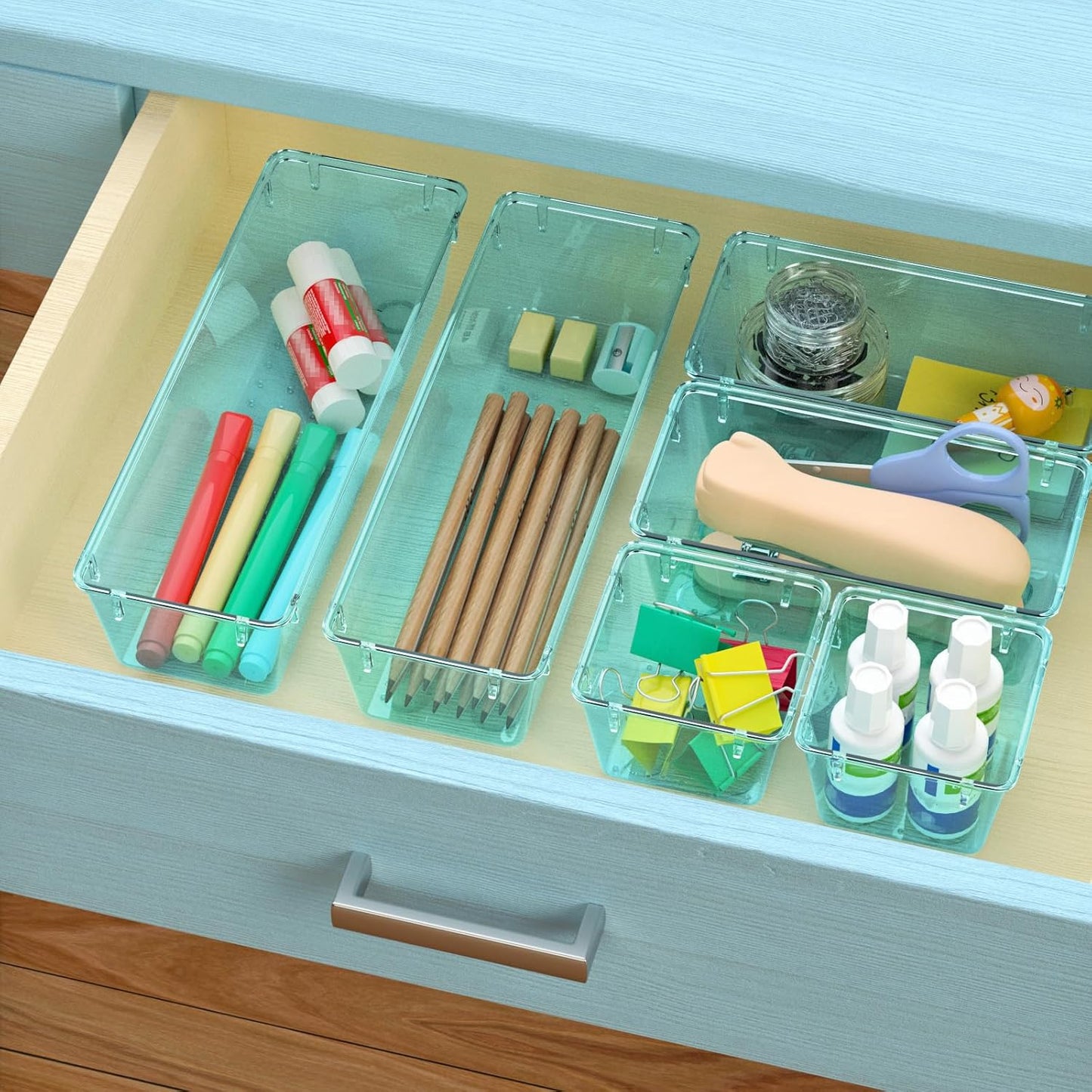 WOWBOX 6 Pack Clear Drawer Organizer Set, Acrylic Drawer Storage Trays, Storage Bins for Makeup, Cosmetics, Jewelries, Utensils, Gadgets, Office, Sea Blue