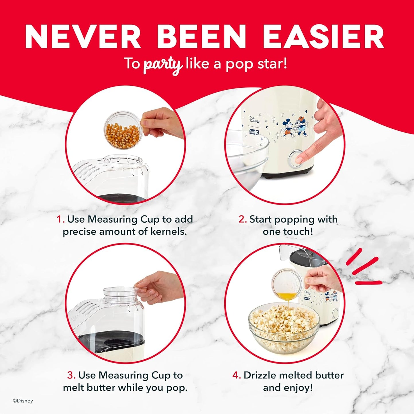 Disney Dash Fresh Pop Popcorn Maker - Oil-Free, Air Popcorn Popper - With Measuring Cup & Recipe Guide - Perfect for Movie Nights - 16 Cups, Mickey & Minnie Design