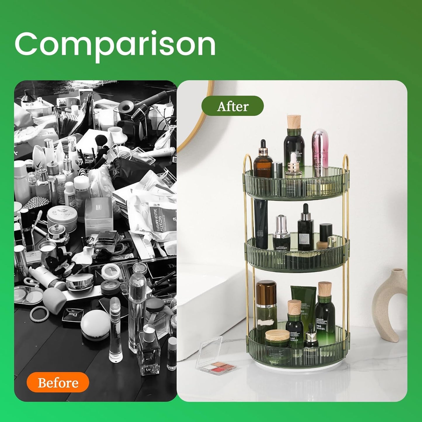 Rotating Makeup Organizer for Vanity, Perfume Skin Care Organizers Large, Bathroom Counter Make Up Cosmetic Storage, Clear Spinning Skincare Lipstick Holder,3 Tiers, Green