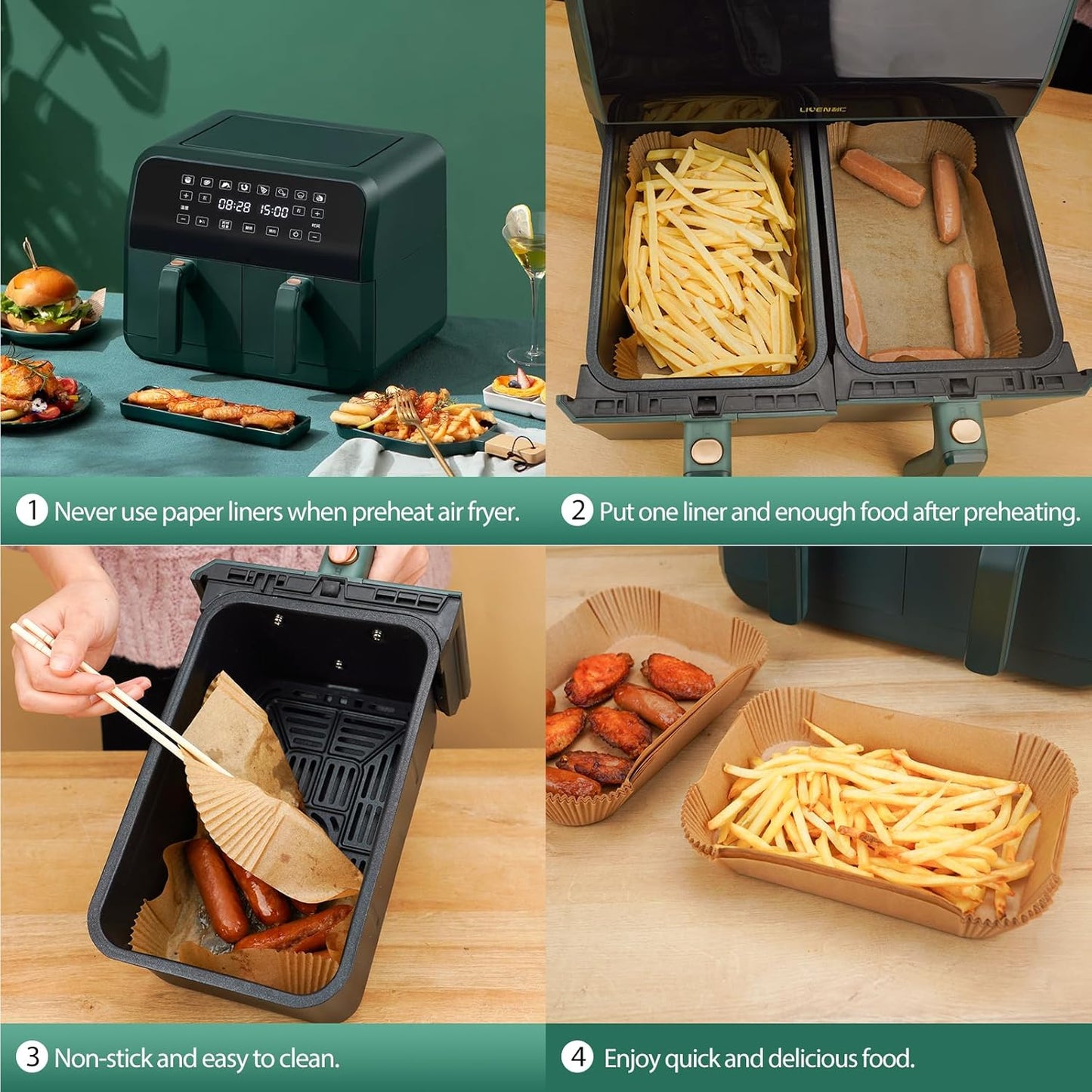 Air Fryer Liners Disposable for Dual Basket, 200Pcs Rectangle Parchment Paper Liner for Ninja DZ201 DZ401, Chefman/COSORI 2-Basket Air Fryer, Oil Proof Baking Paper by Vailnd(8.6x5.5 Inch)