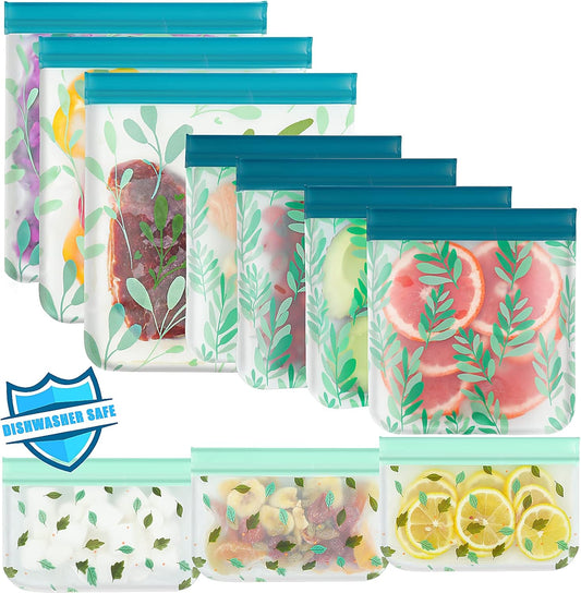 10 Pack Dishwasher Safe Reusable PEVA Food Storage Bags, Leak proof Reusable Freezer Bags for Food Storage Home Organization Traval & Make-up BPA FREE for Food Storage Home BPA FREE for Salad Fruit