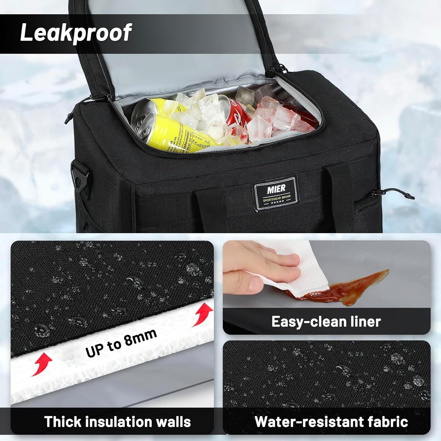MIER Large Lunch Box for Men Women Adult Insulated Soft Sided Cooler 30 Can Leakproof Lunch Bag Collapsible for Work Travel Camping Beach, 18L (Black-No Luggage Strap)