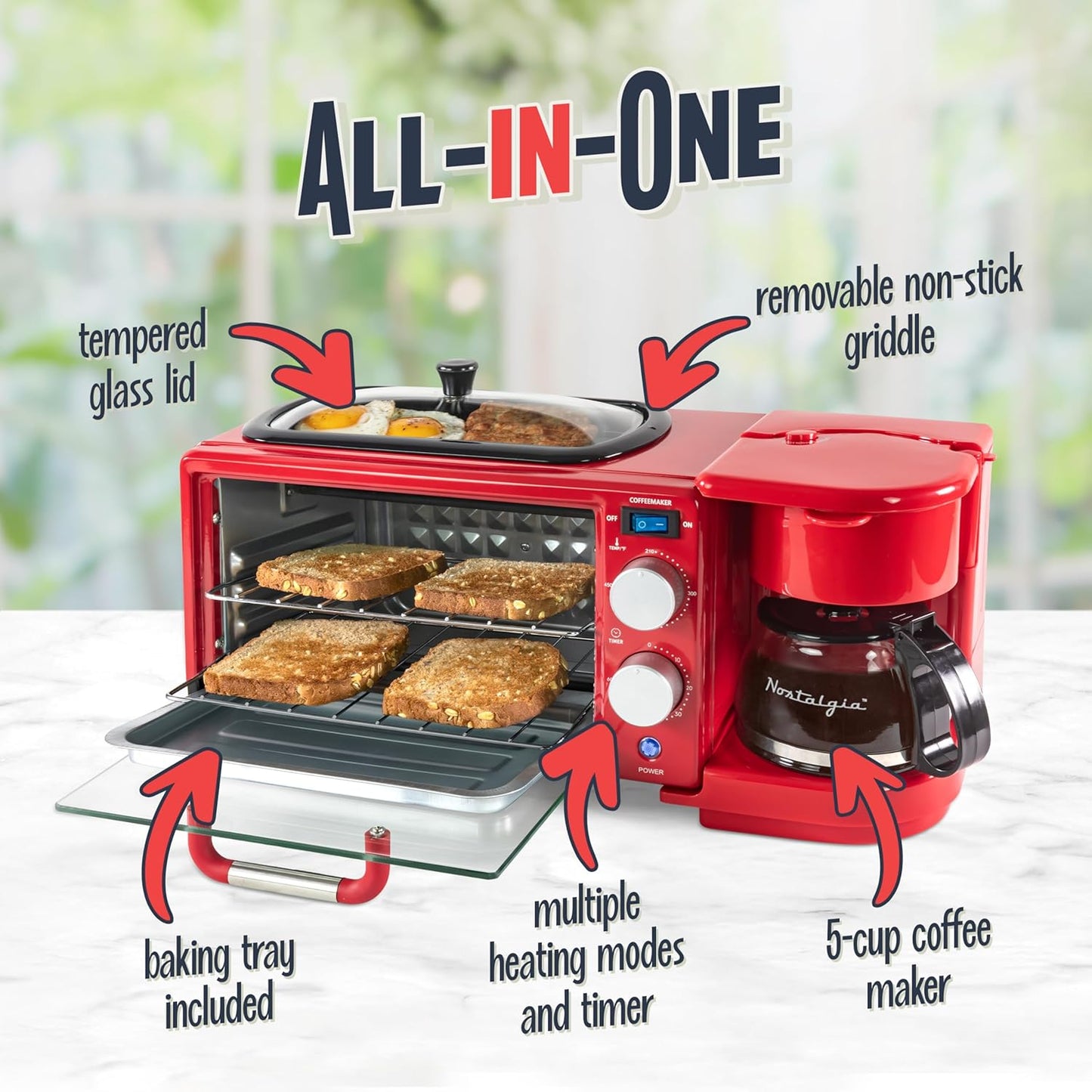 Nostalgia 3-in-1 Retro Breakfast Station - Includes 5 Cup Coffee Maker, Non-Stick Ceramic Griddle, and 4-Slice Toaster Oven - Built-In Timer, Reusable Coffee Filter, Space-Saving Design - Red