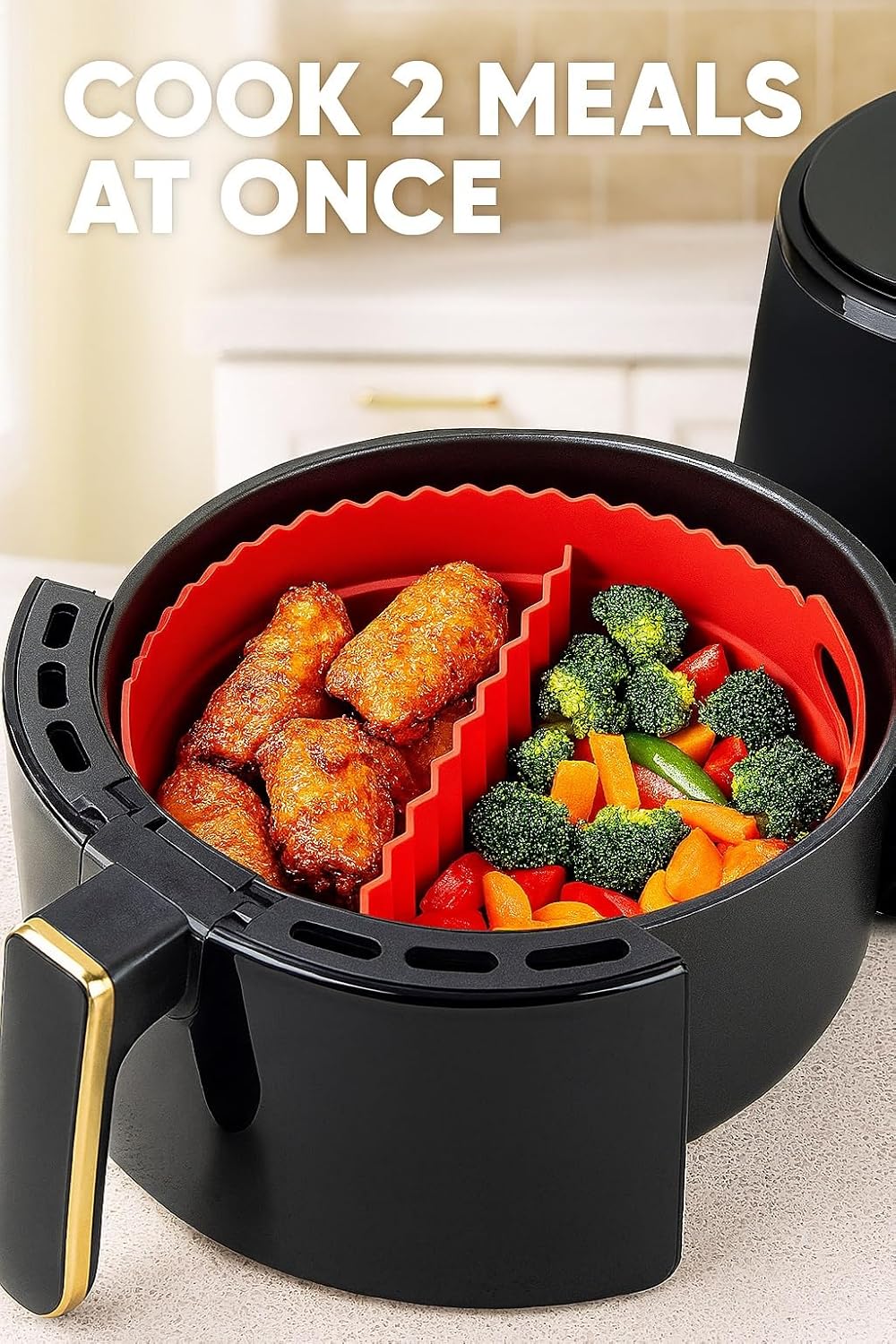 Silicone Air Fryer Liner 8.6" Round for 5–8 QT, With Divider Split for 2 Flavors, Reusable Non-Stick Collapsible Pot Liner, Dishwasher Safe, Heat-Resistant 446°F, RED, 1 Pack