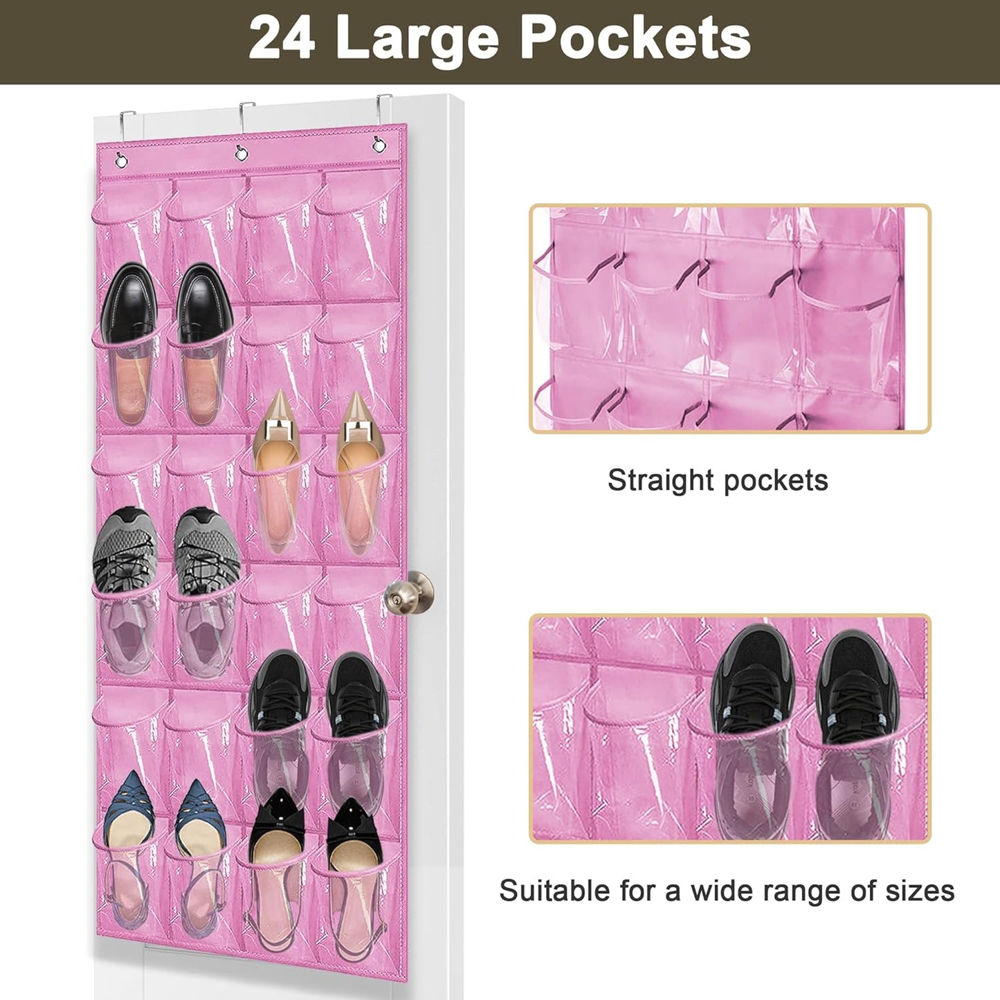 Over The Door Shoe Organizer - Space Saving Shoe Rack for Closet Door with 24 Pockets and Hook, Shoe Holder Back of Door Organizers for Shoes, Hanging Shoe Organizer (Pink)