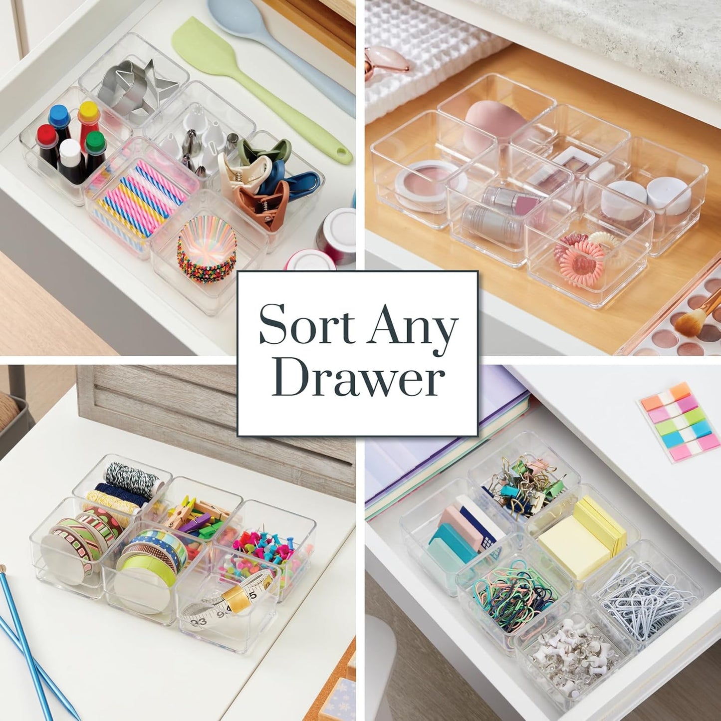 STORi SimpleSort 6-Piece Stackable Clear Drawer Organizer Set | 3" x 3" x 2" Square Trays | Small Makeup Vanity Storage Bins and Office Desk Drawer Dividers | Made in USA