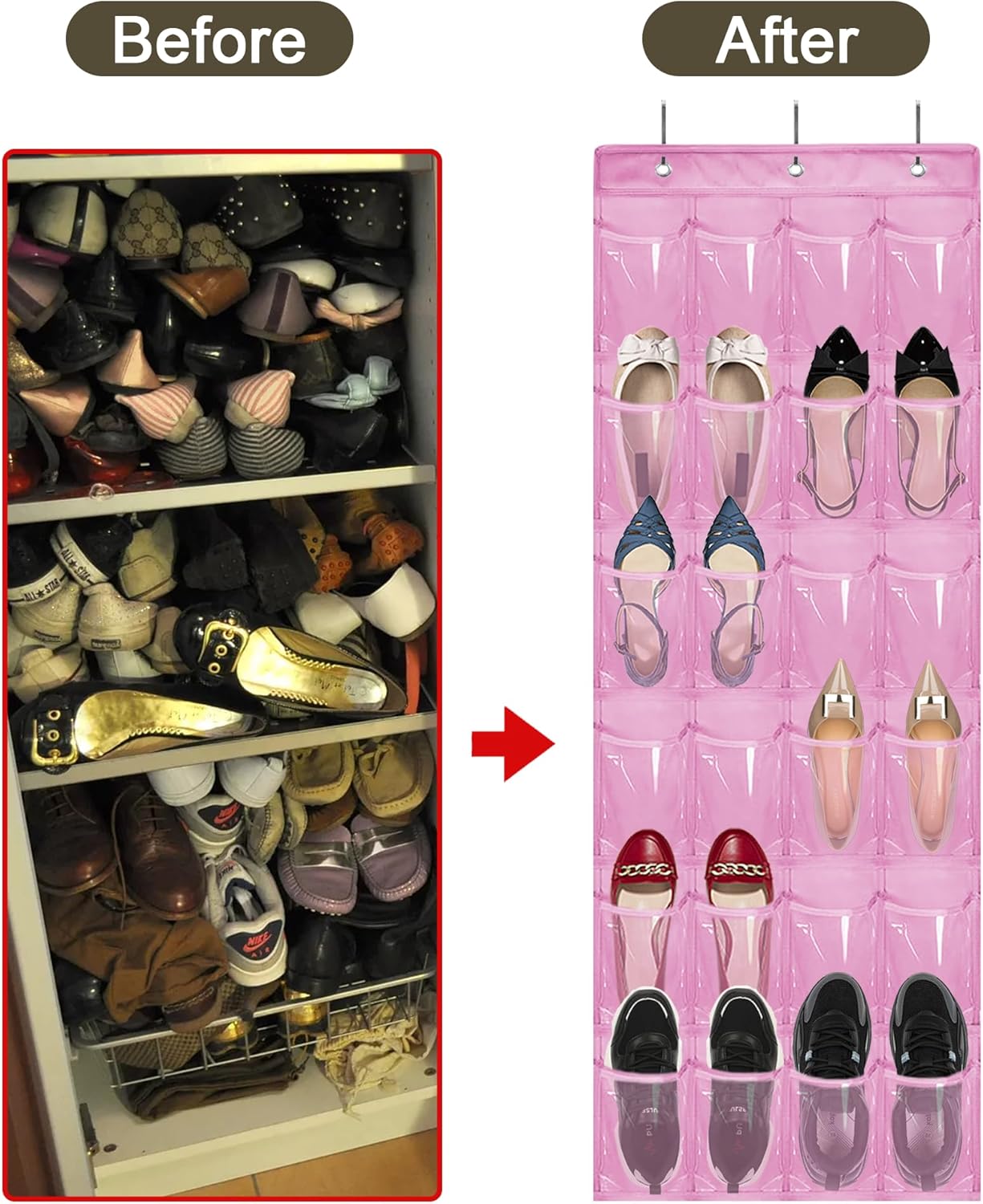 Over The Door Shoe Organizer - Space Saving Shoe Rack for Closet Door with 24 Pockets and Hook, Shoe Holder Back of Door Organizers for Shoes, Hanging Shoe Organizer (Pink)