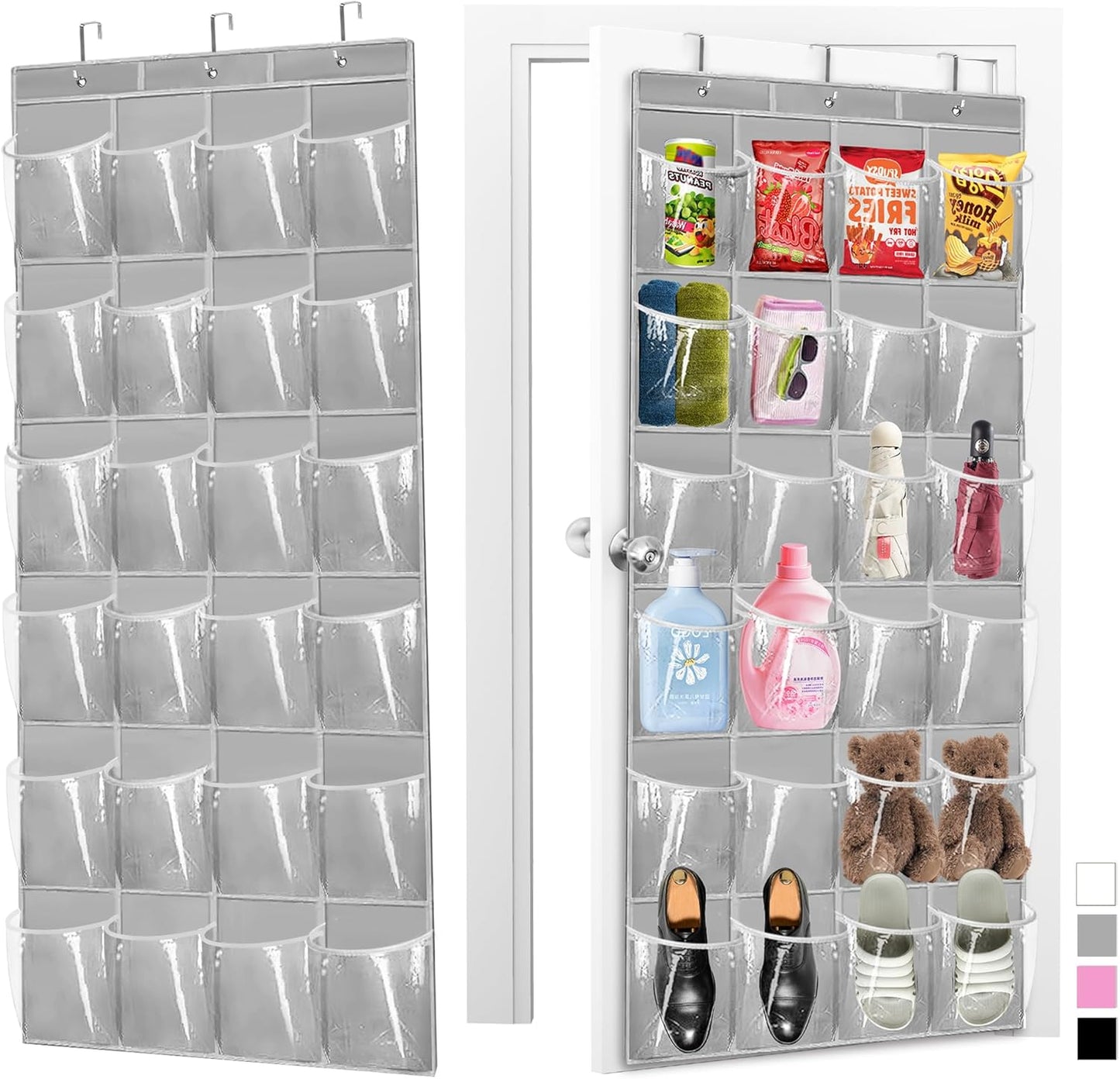Over The Door Shoe Organizer - Space Saving Shoe Rack for Closet Door with 24 Pockets and Hook, Shoe Holder Back of Door Organizers for Shoes, Gray Hanging Shoe Organizer (Gray)