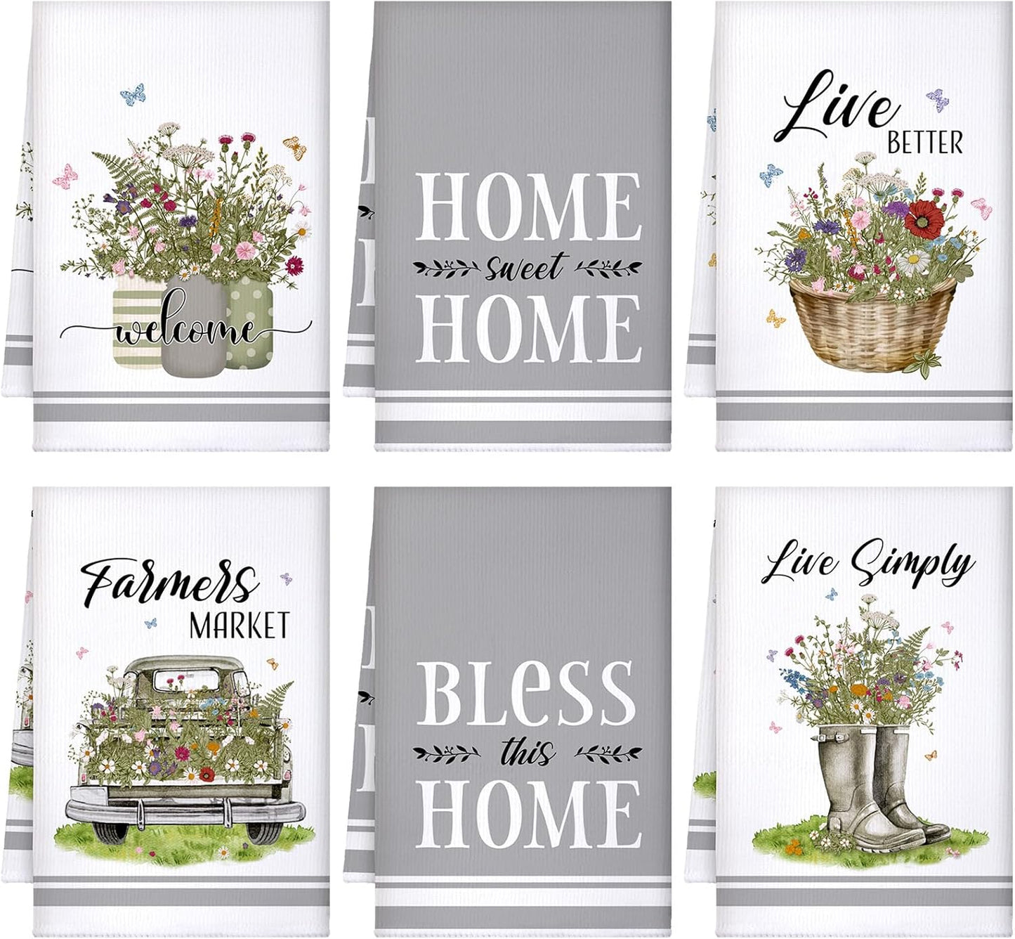 Boyiee Set of 6 Floral Kitchen Towels Wildflower Dish Towels Butterfly Truck Tea Towels 24 x 16 Inches Absorbent Hand Towels Flower Lover Housewarming Gifts for Farmhouse Kitchen Bathroom Decorations