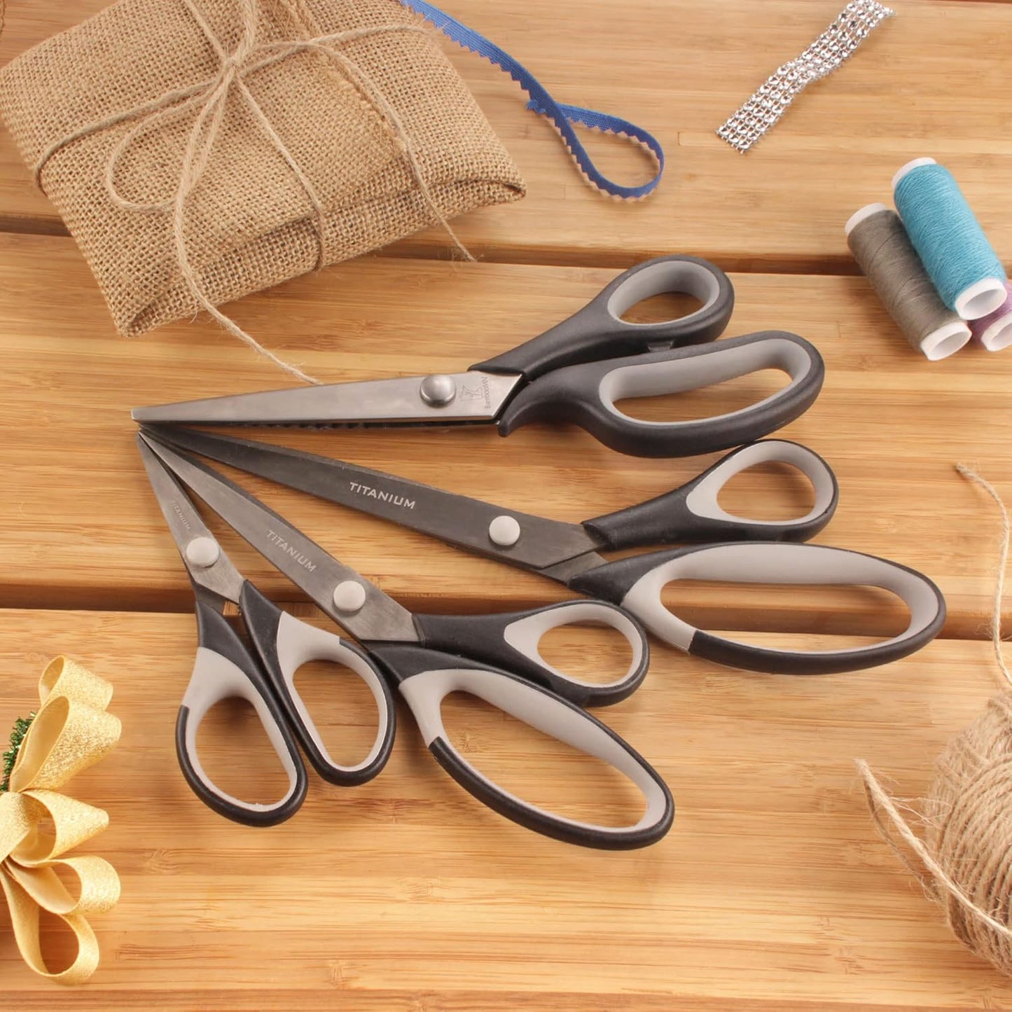 BambooMN Titanium Softgrip Scissors Set - Pinking, Sewing, Arts, Crafts, Office - 30 Sets of 4 - Black w/Grey