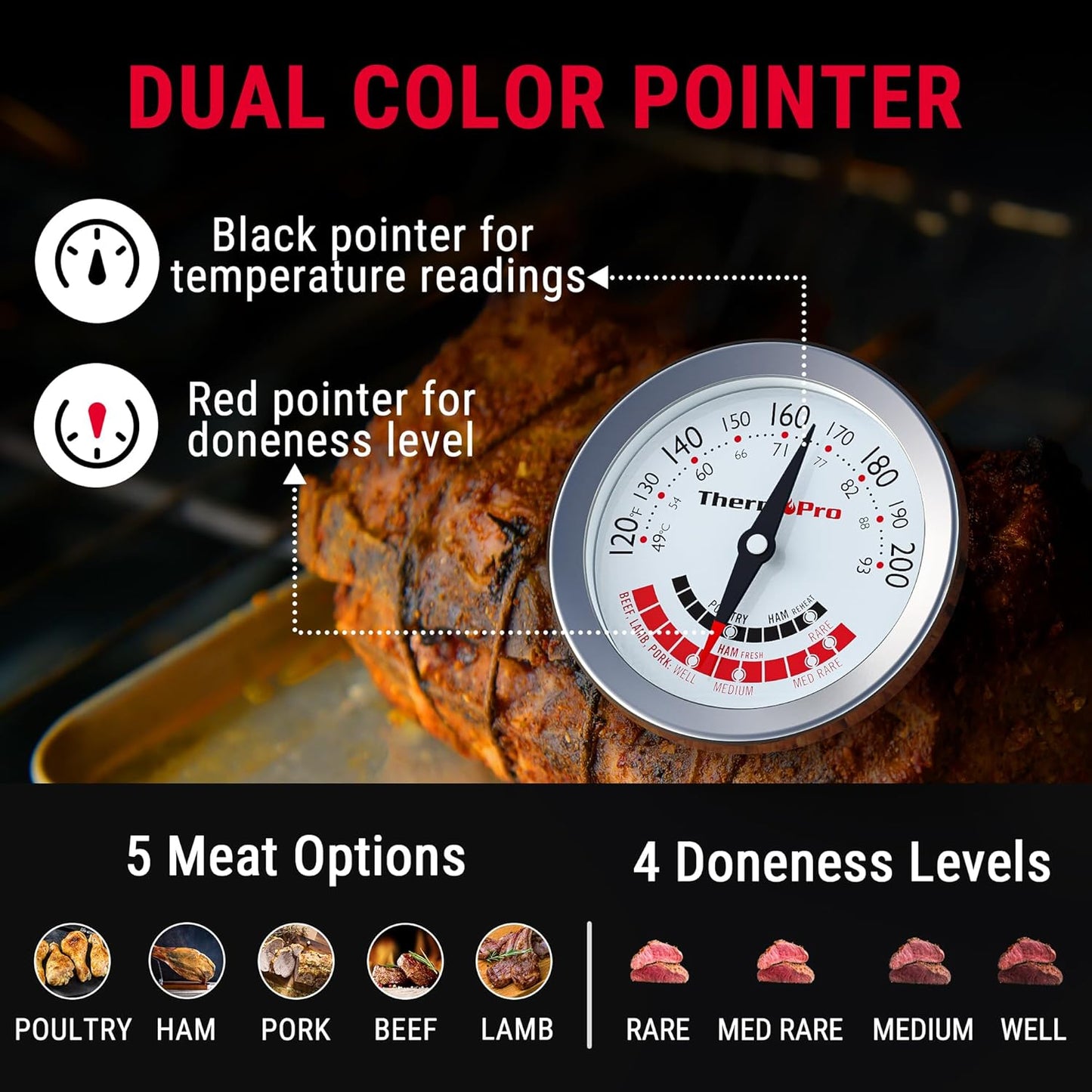 ThermoPro APT200 Meat Thermometer for Cooking with Extra-Large 2-Inch Dial, Analog Dial Food Cooking Thermometer with 5.1" Stainless Steel Probe for Poultry, Ham, Pork, Beef Candy Making Accessory