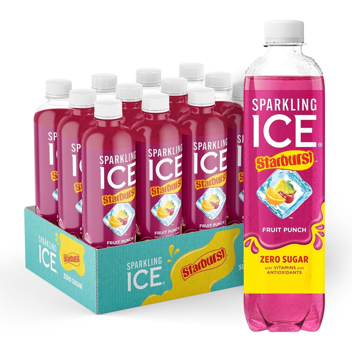 Sparkling Ice STARBURST Fruit Punch, Zero Sugar Flavored Sparkling Water, with Vitamins and Antioxidants, Low Calorie Beverage, 17 fl oz Bottles (Pack of 12)