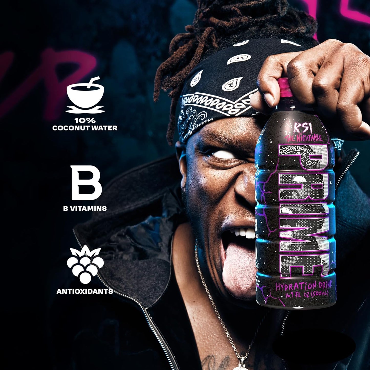 PRIME Hydration KSI THE NIGHTMARE, Sports Drinks, Electrolyte Enhanced to Replenish Fluids, 250mg BCAAs, B Vitamins, Antioxidants, Low Sugar, 16.9 Fluid Ounce, 12 Pack