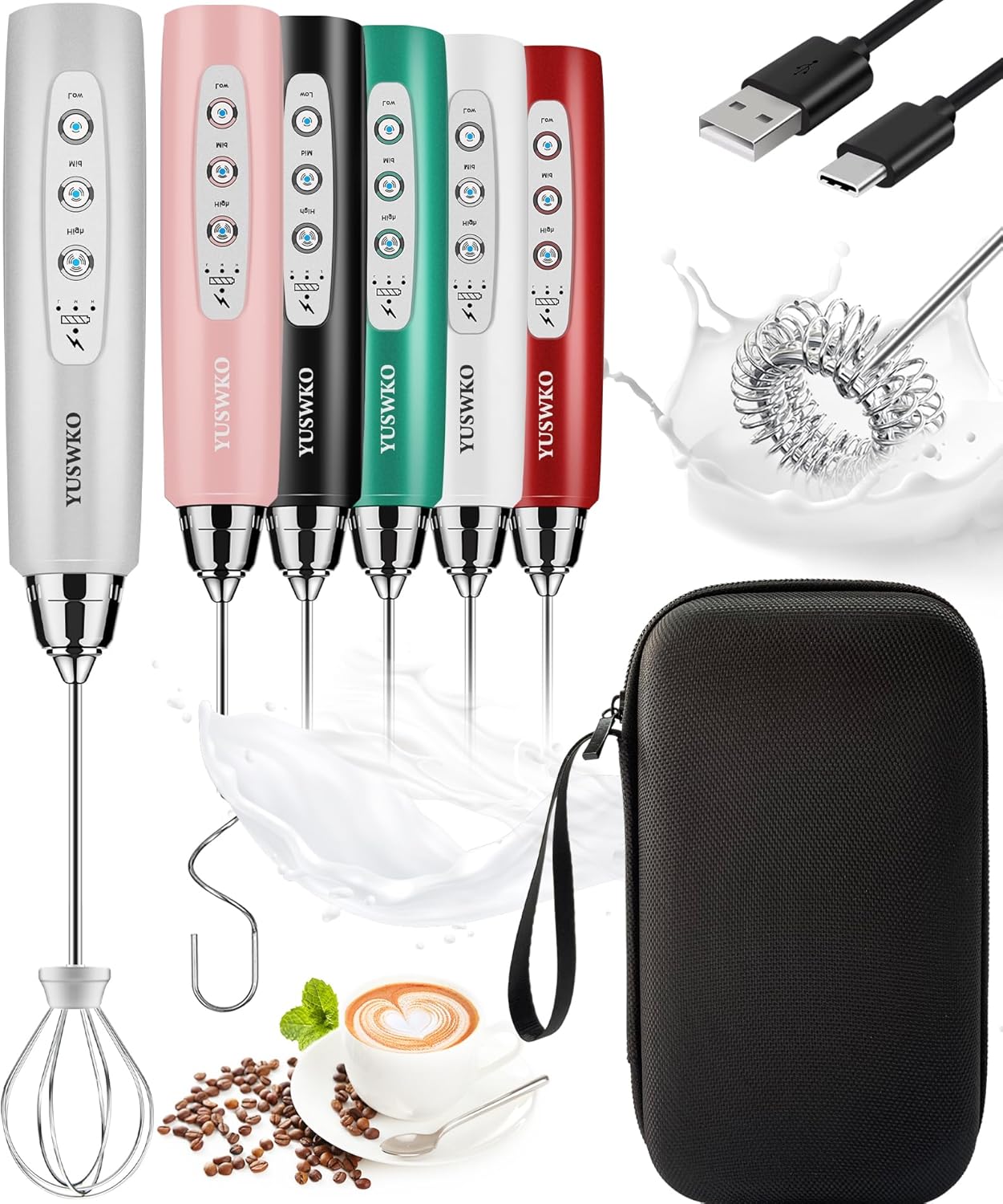 YUSWKO Rechargeable Milk Frother for Coffee, Handheld Drink Mixer with 3 Heads 3 Speeds, Ideal Coffee Frother Wand for Travel - Silver