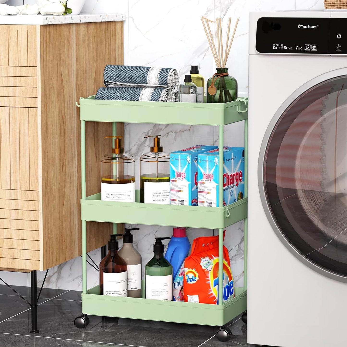 SPACEKEEPER Rolling Storage Cart 3 Tier, Bathroom Cart Organizer Laundry Room Organizer Utility Cart Mobile Shelving Unit Multi-Functional Shelves for Office, Kitchen, Bathroom, Green, SPKSC302GN