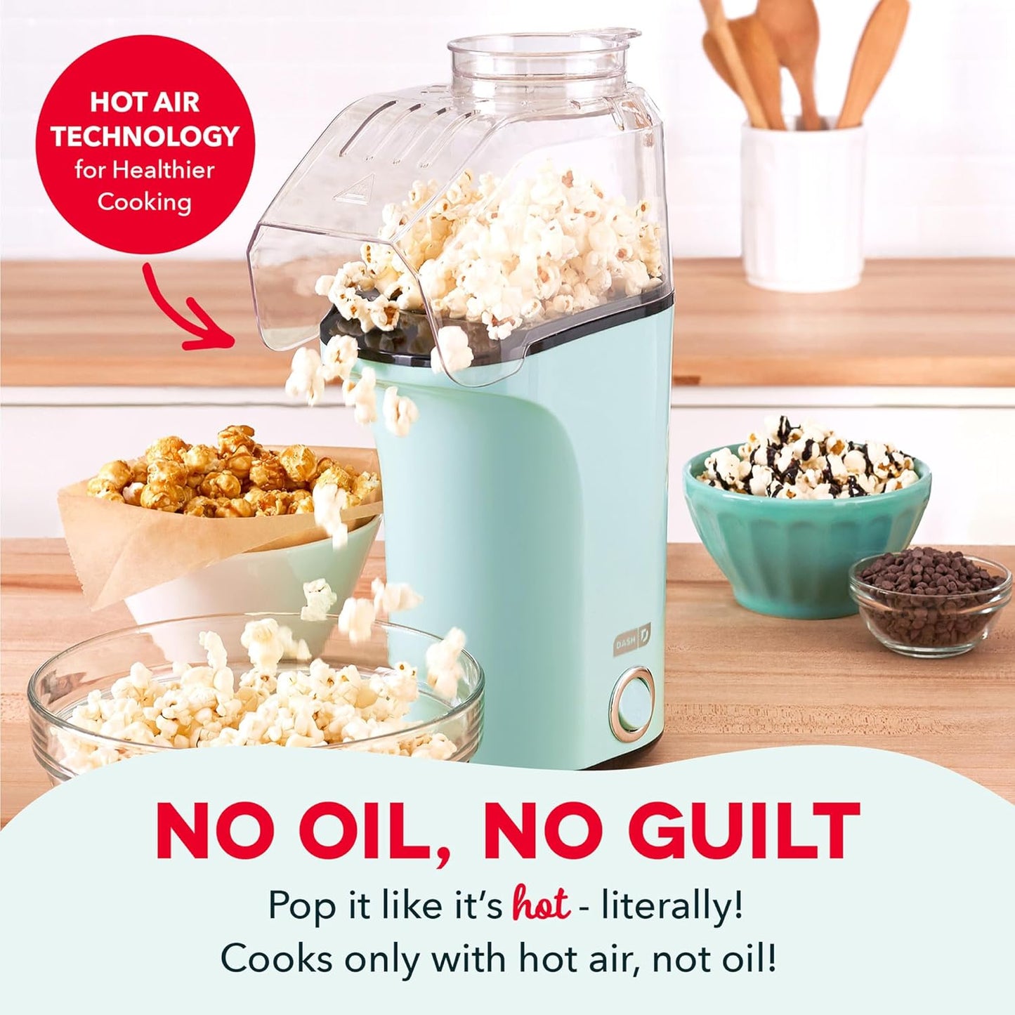 DASH Hot Air Popcorn Popper Maker with Measuring Cup to Portion Popping Corn Kernels + Melt Butter, 16 Cups - Aqua